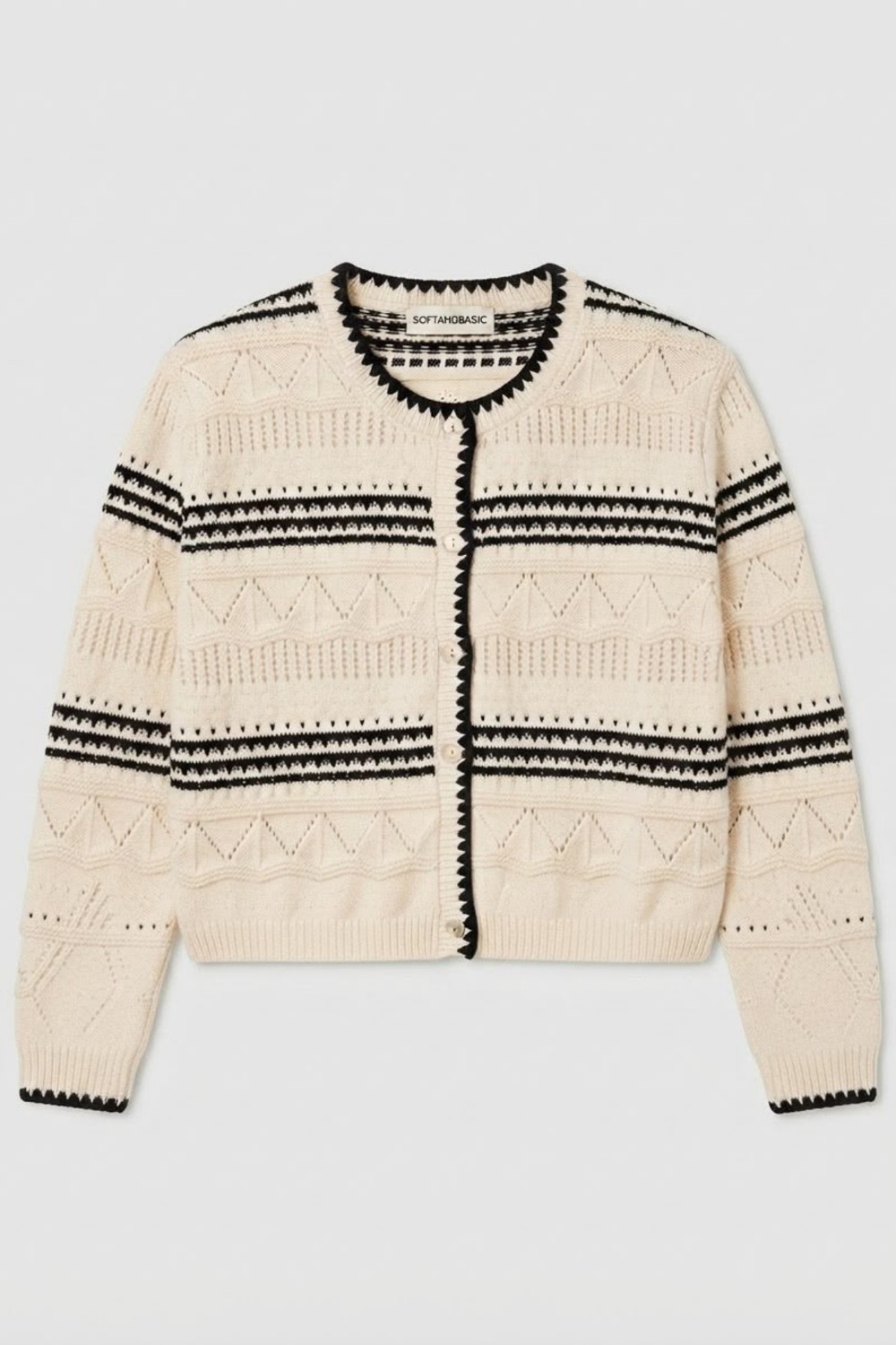 Soft & Basic Kadın Kontrast Fırfırlı Crop Triko Hırka Geometrik Desenli Düğmeli Hırka görsel 3