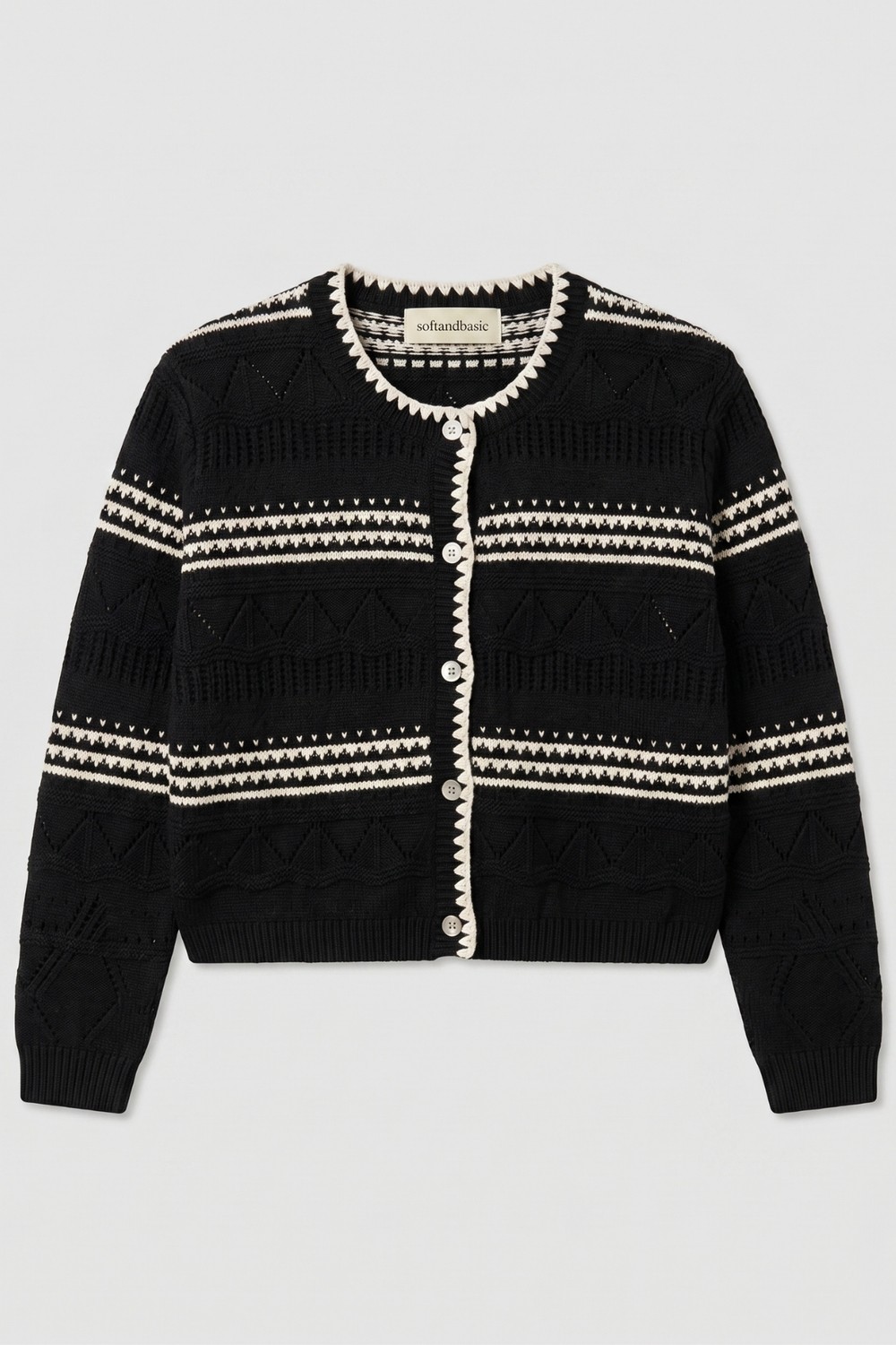 Soft & Basic Kadın Kontrast Fırfırlı Crop Triko Hırka Geometrik Desenli Düğmeli Hırka görsel 7