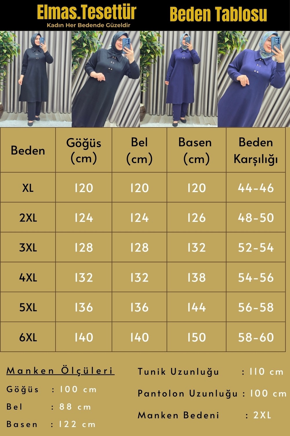 Elmas Tesettür Kadın Giyim Büyük Beden Yakası ve Yanı Çıtçıtlı Pantolonlu Takım görsel 3