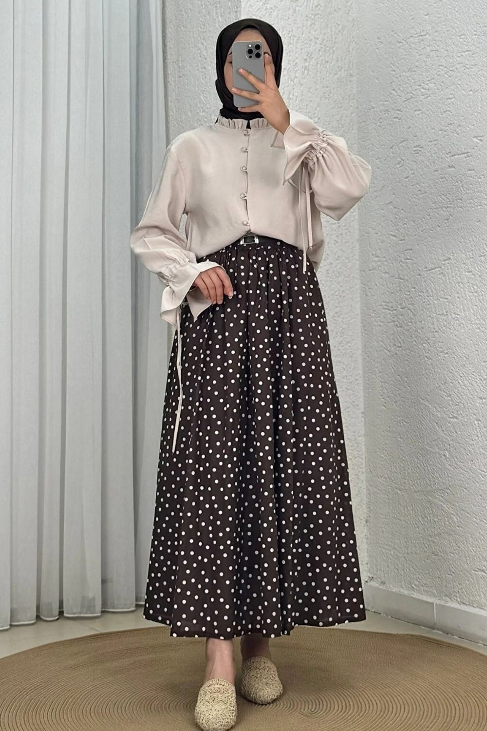 Modestim Kadın Kolu Tünelli Yaka Fırfırlı Kısa Trend Şık Haki Tesettür Bluz Gömlek görsel 8