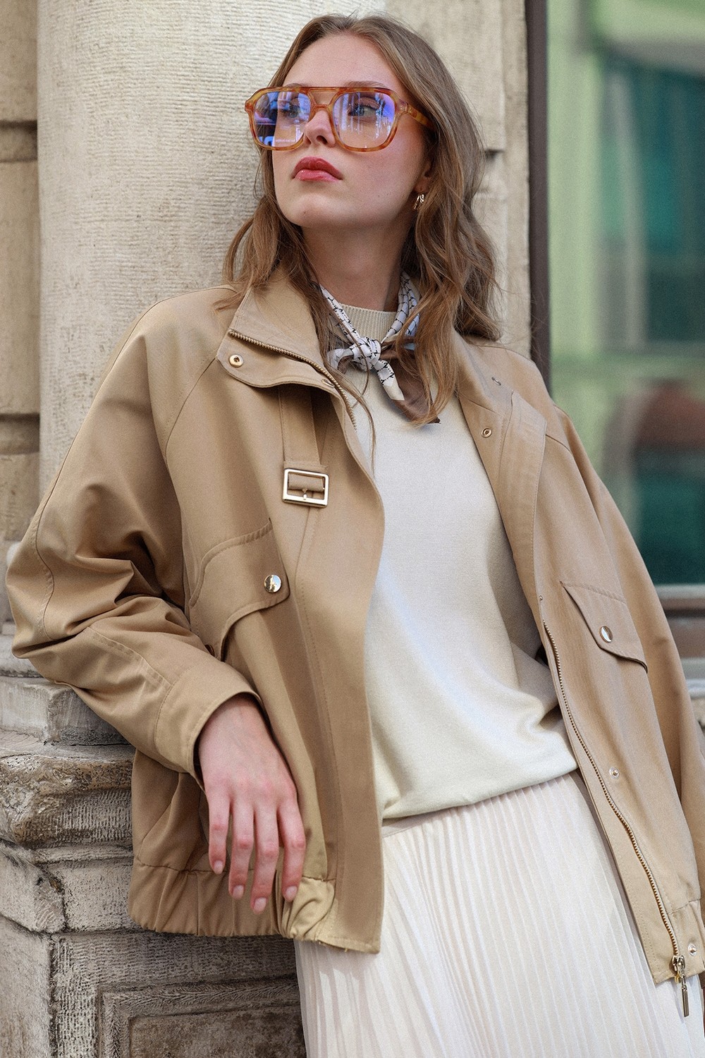 Zühre Oversize Dik Yaka Bomber Camel Trençkot 14271