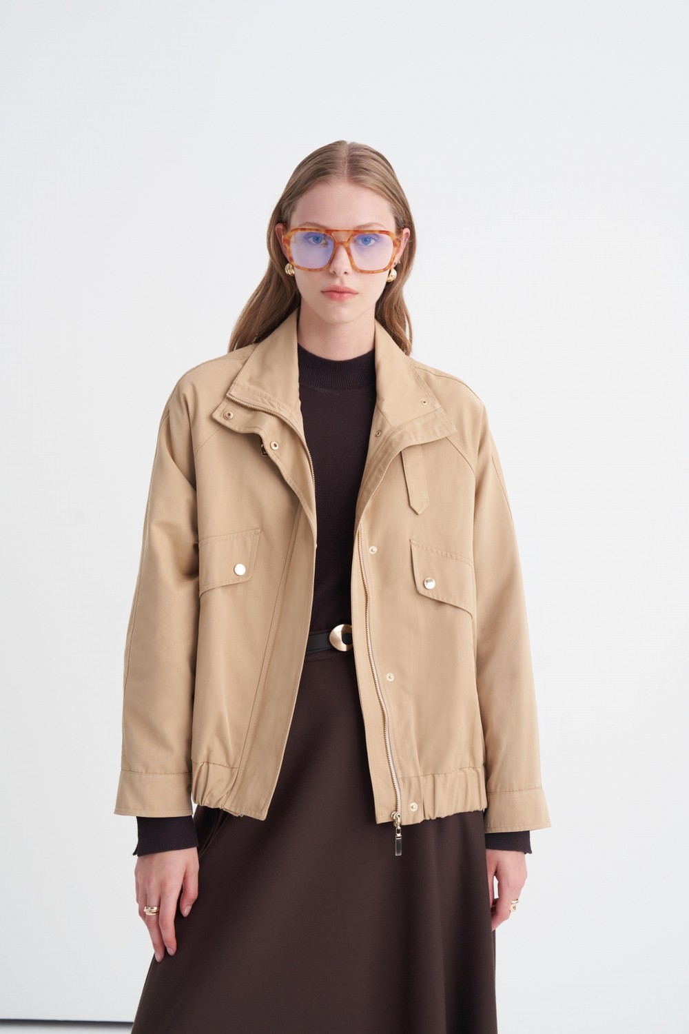 Zühre Oversize Dik Yaka Bomber Camel Trençkot 14271 görsel 2