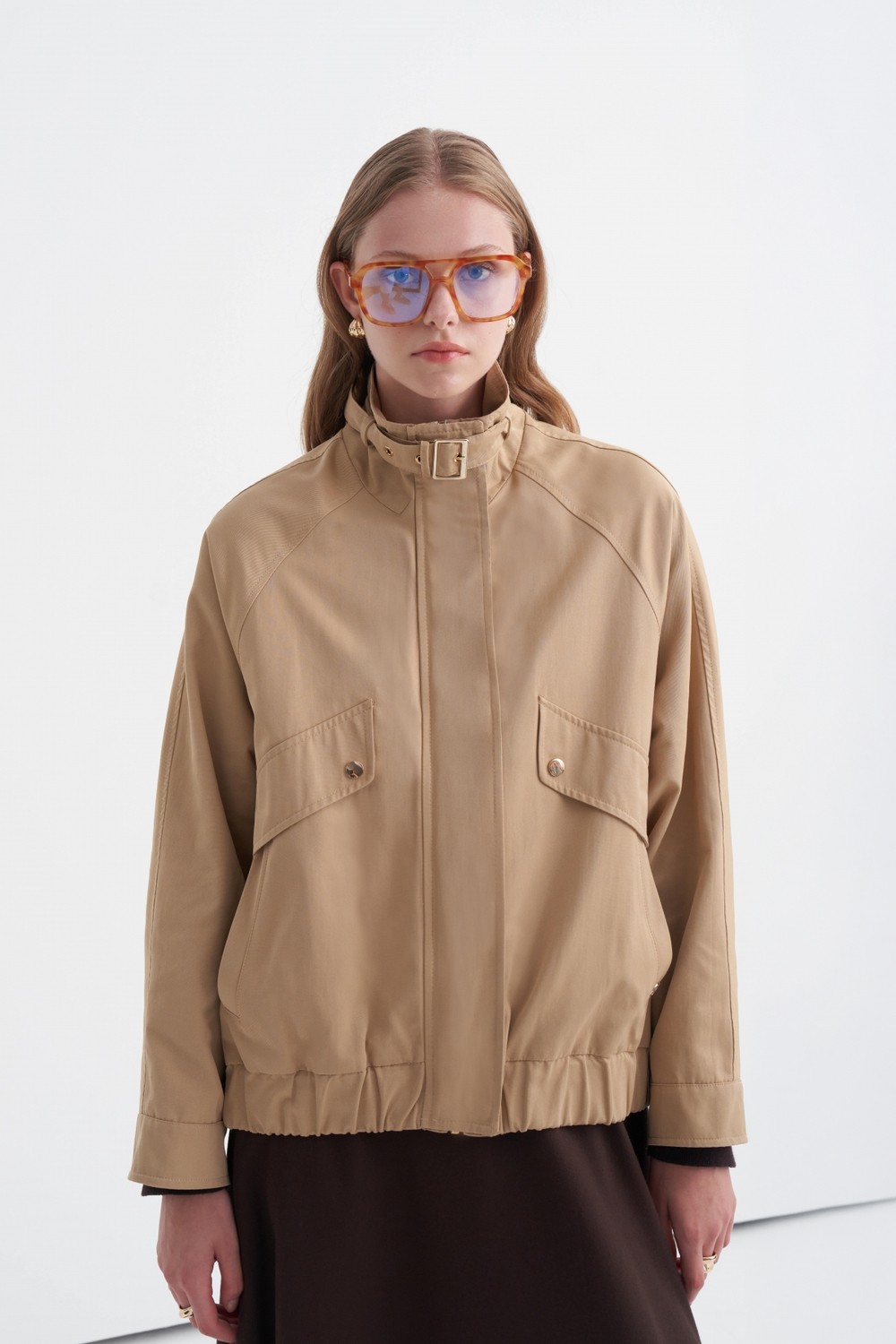Zühre Oversize Dik Yaka Bomber Camel Trençkot 14271 görsel 3