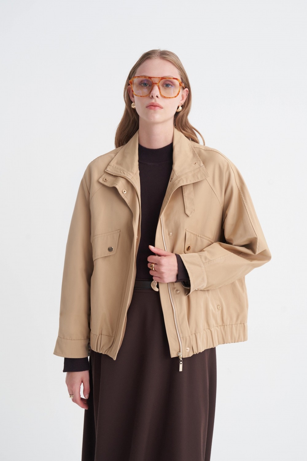 Zühre Oversize Dik Yaka Bomber Camel Trençkot 14271 görsel 4