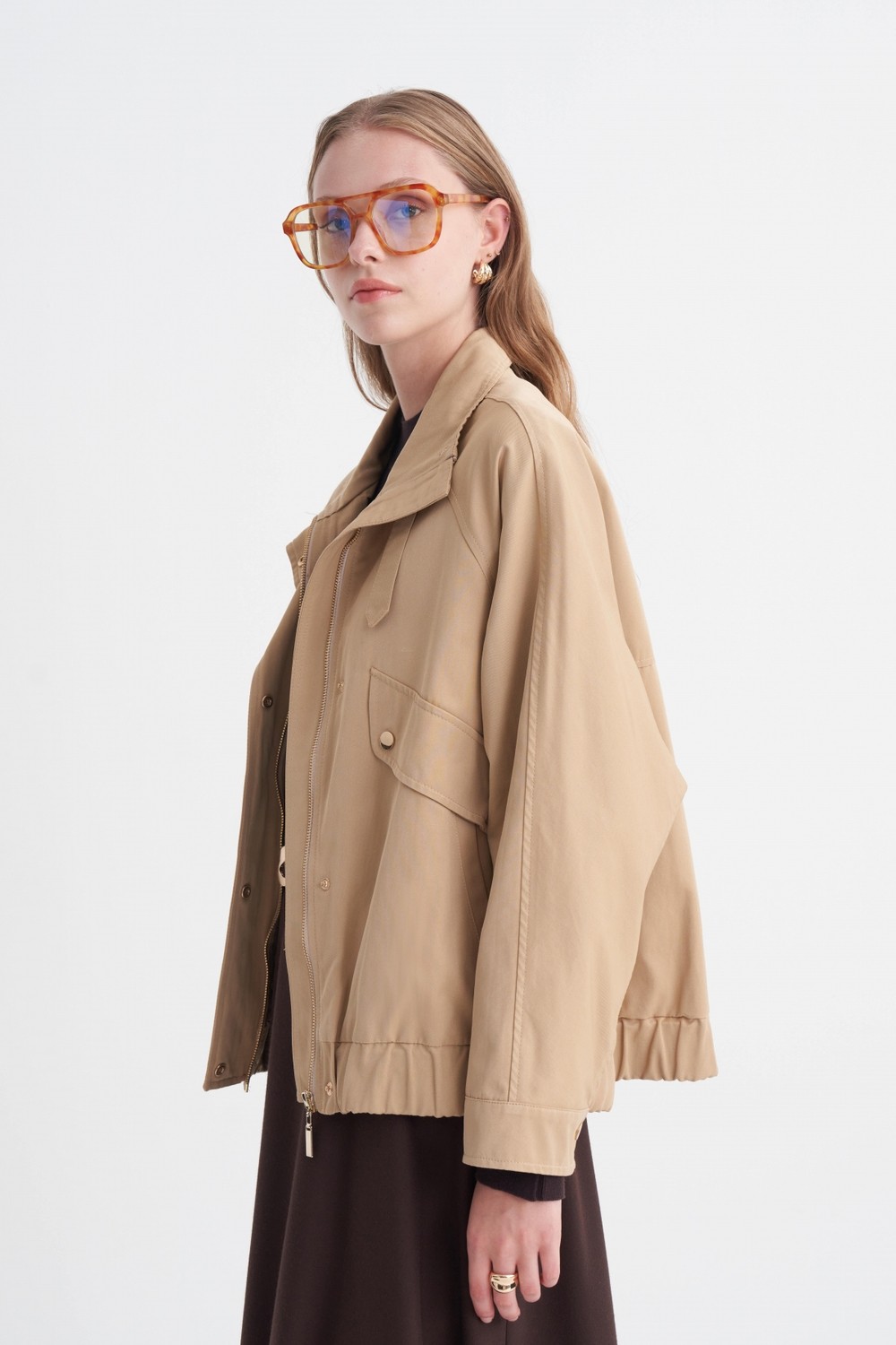 Zühre Oversize Dik Yaka Bomber Camel Trençkot 14271 görsel 5