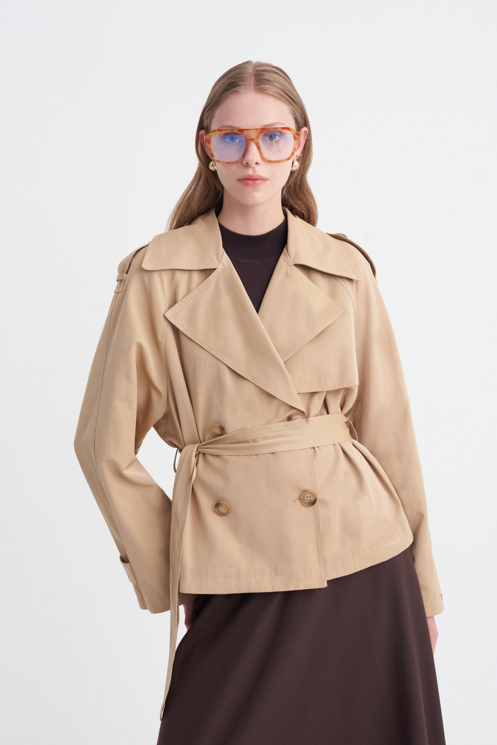 Zühre Omuz Apoletli Kısa Camel Trençkot 14265 görsel 4