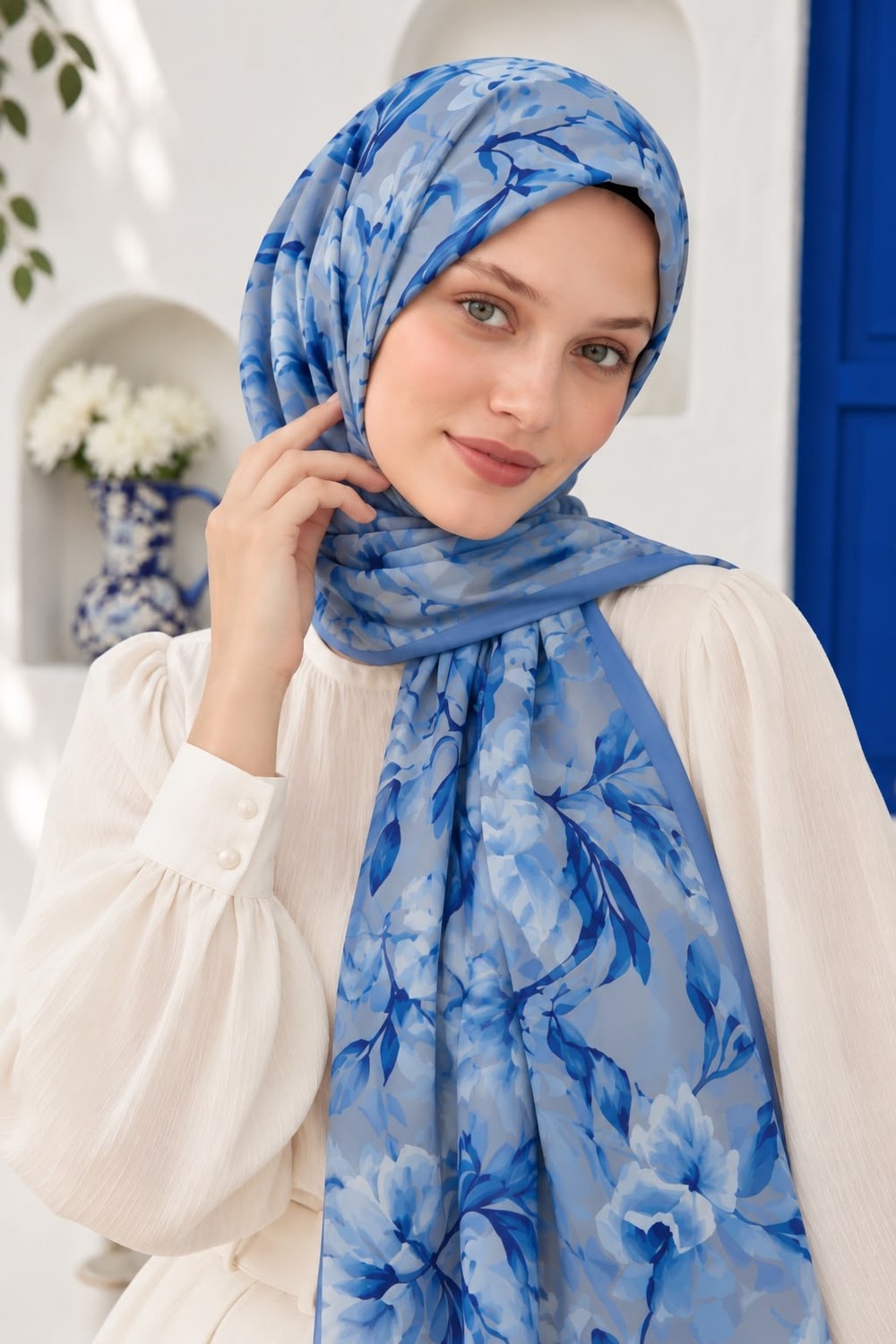 Revam Collection Manolya Desen Pamuk Soft Şal Mavi