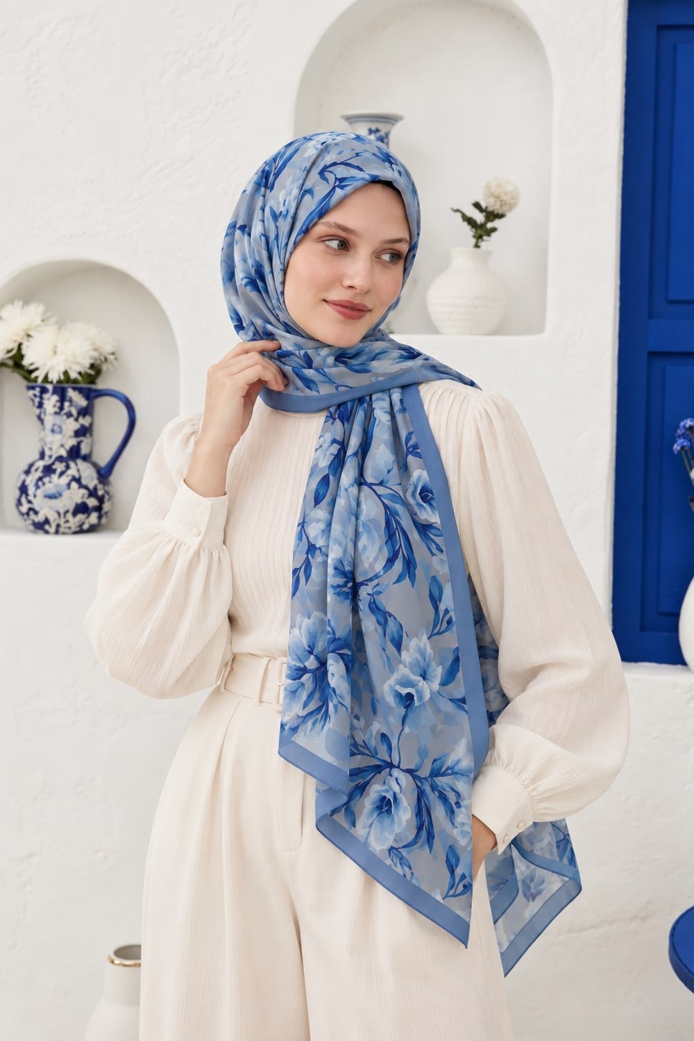 Revam Collection Manolya Desen Pamuk Soft Şal Mavi görsel 2