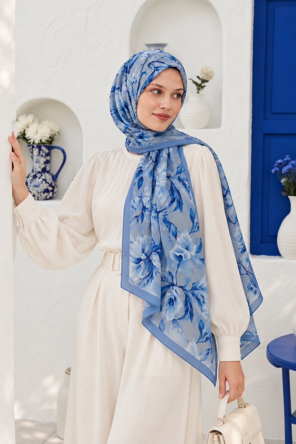 Revam Collection Manolya Desen Pamuk Soft Şal Mavi görsel 3