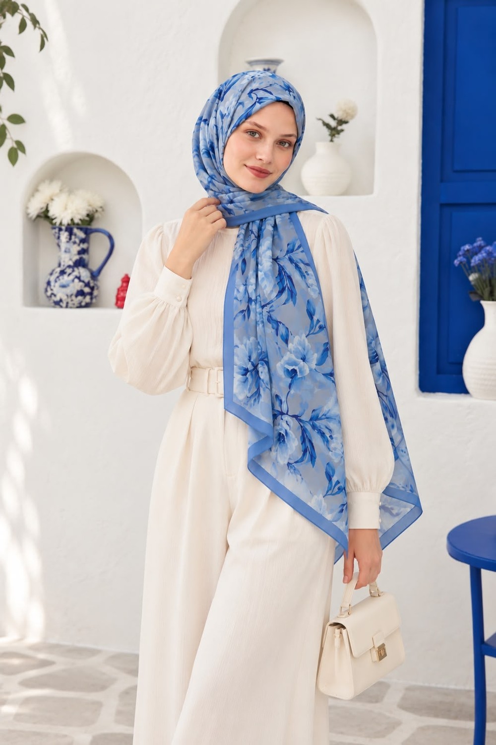 Revam Collection Manolya Desen Pamuk Soft Şal Mavi görsel 4
