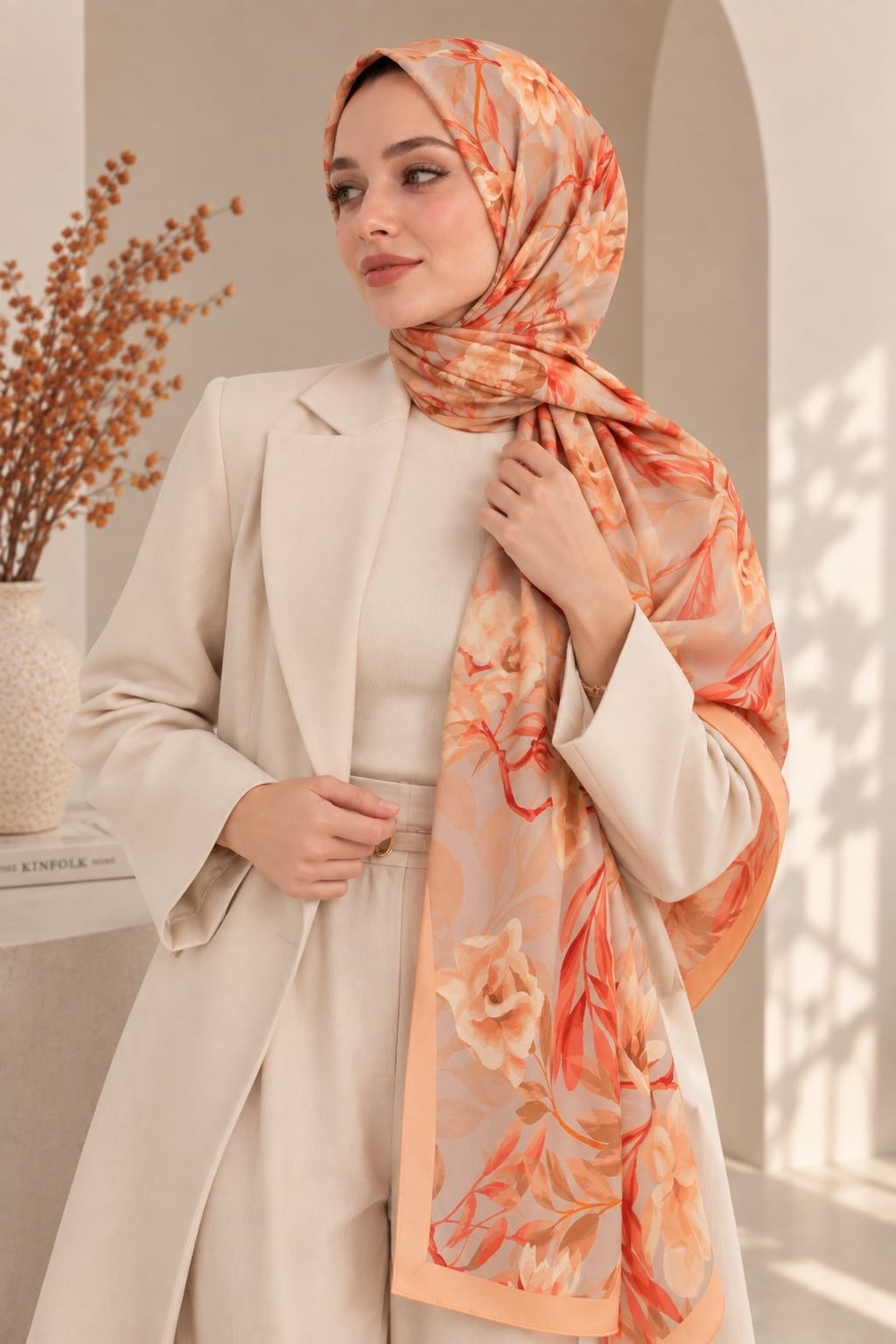 Revam Collection Manolya Desen Pamuk Soft Şal Somon görsel 3