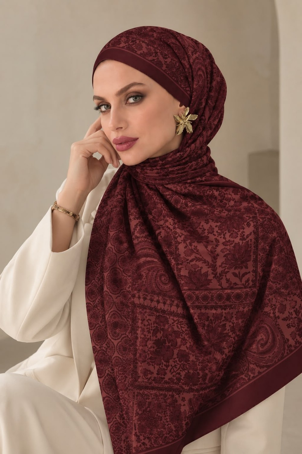 Revam Collection Retro Desen Pamuk Soft Şal Bordo görsel 2