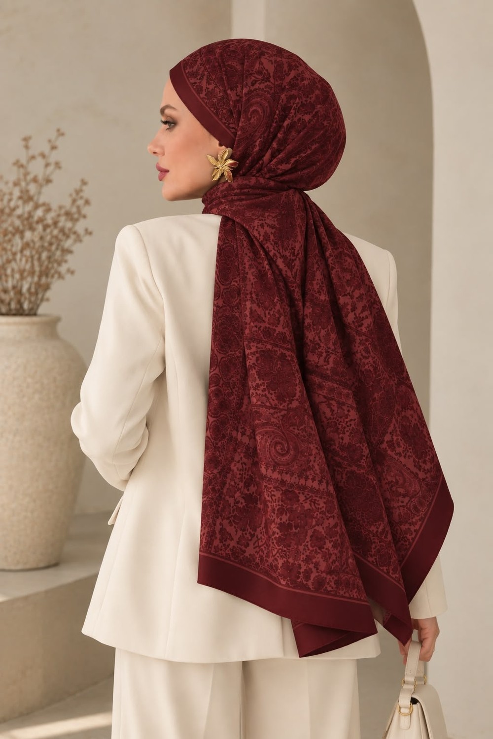 Revam Collection Retro Desen Pamuk Soft Şal Bordo görsel 3