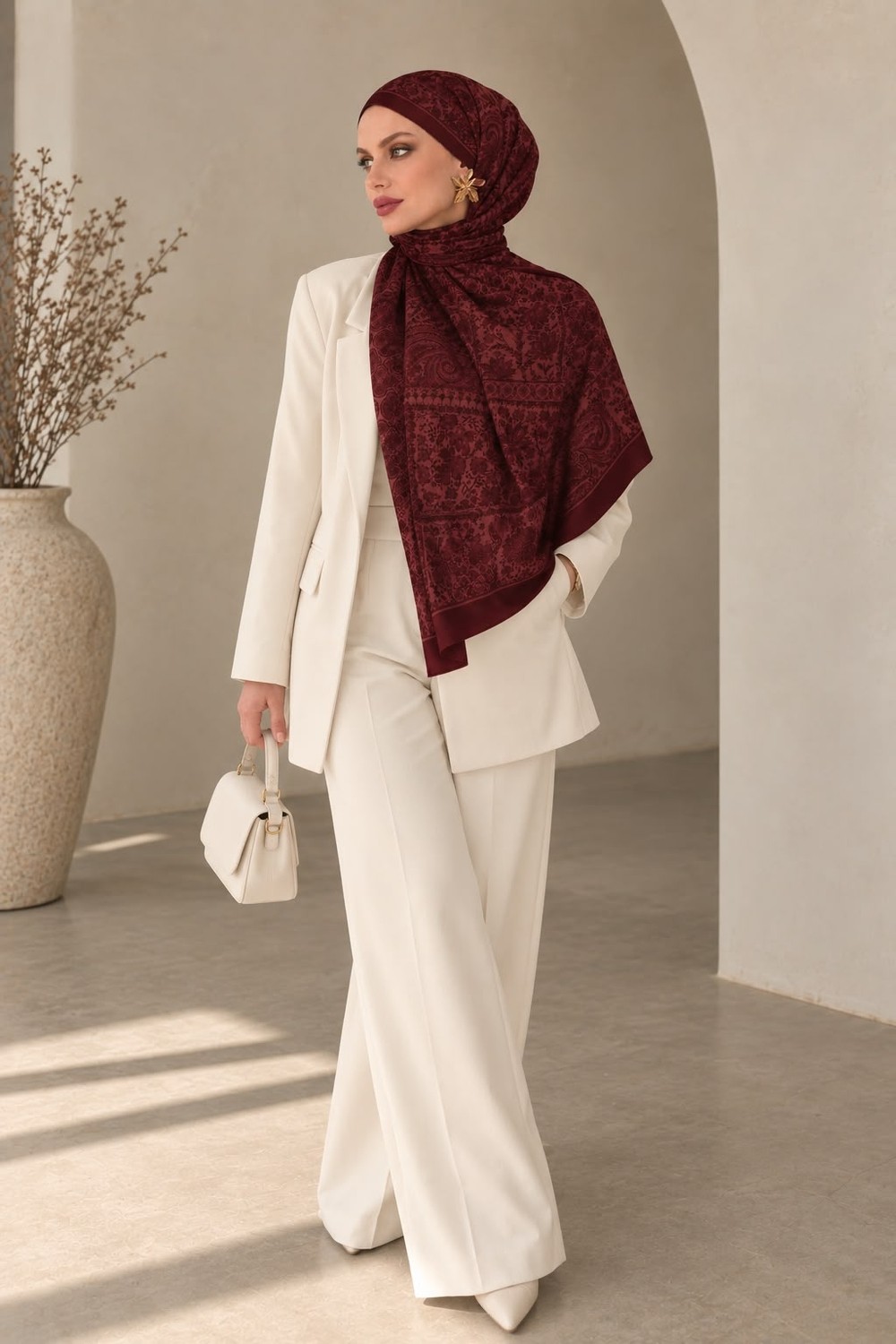 Revam Collection Retro Desen Pamuk Soft Şal Bordo görsel 4