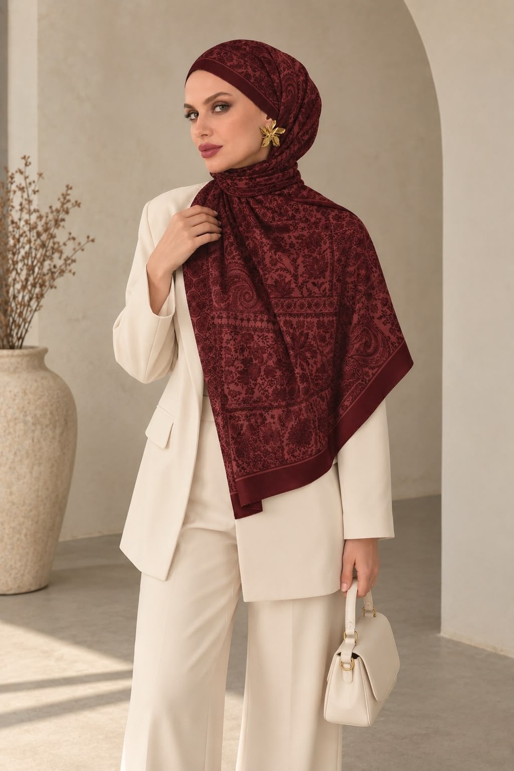 Revam Collection Retro Desen Pamuk Soft Şal Bordo görsel 5
