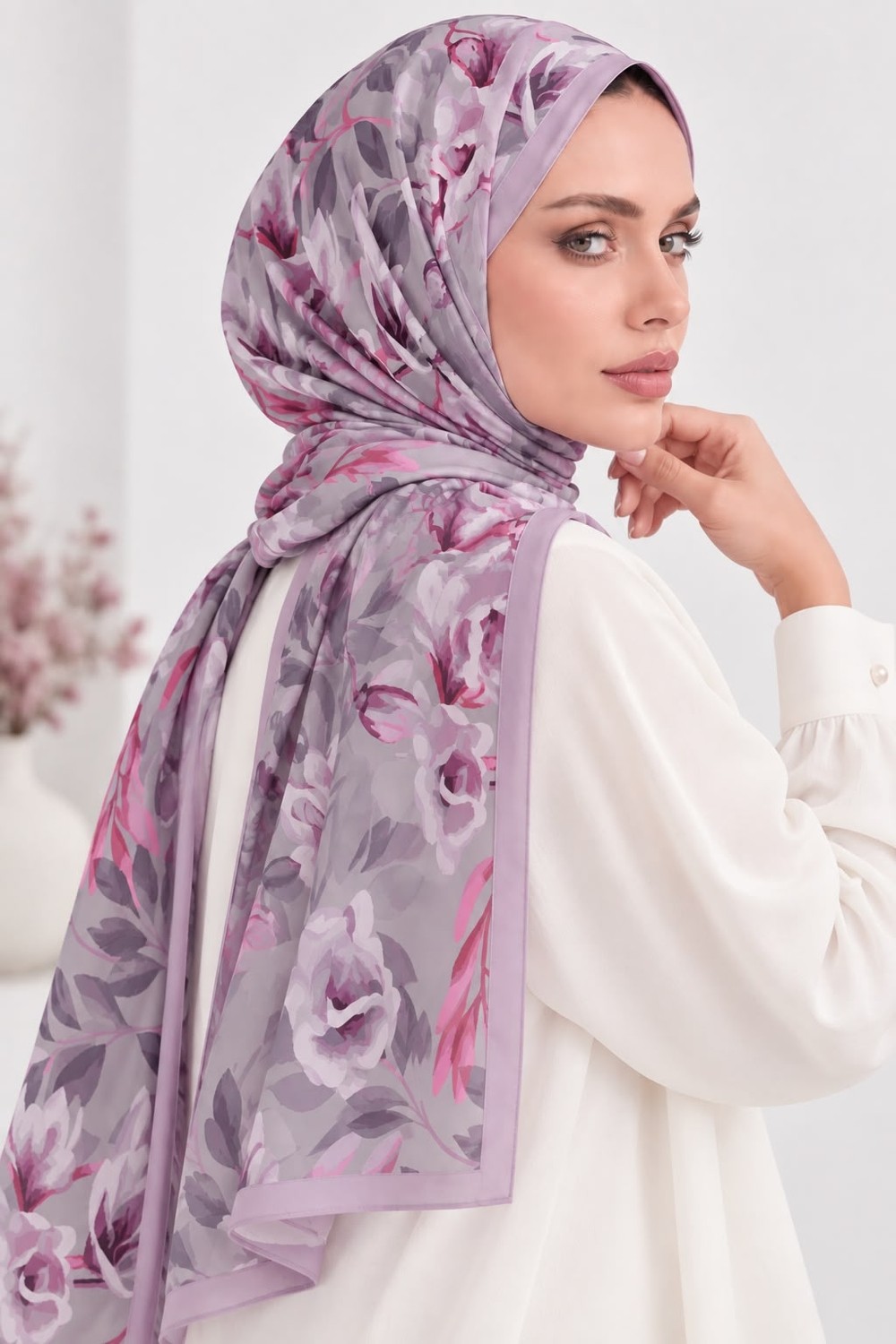 Revam Collection Manolya Desen Pamuk Soft Şal Lila görsel 4