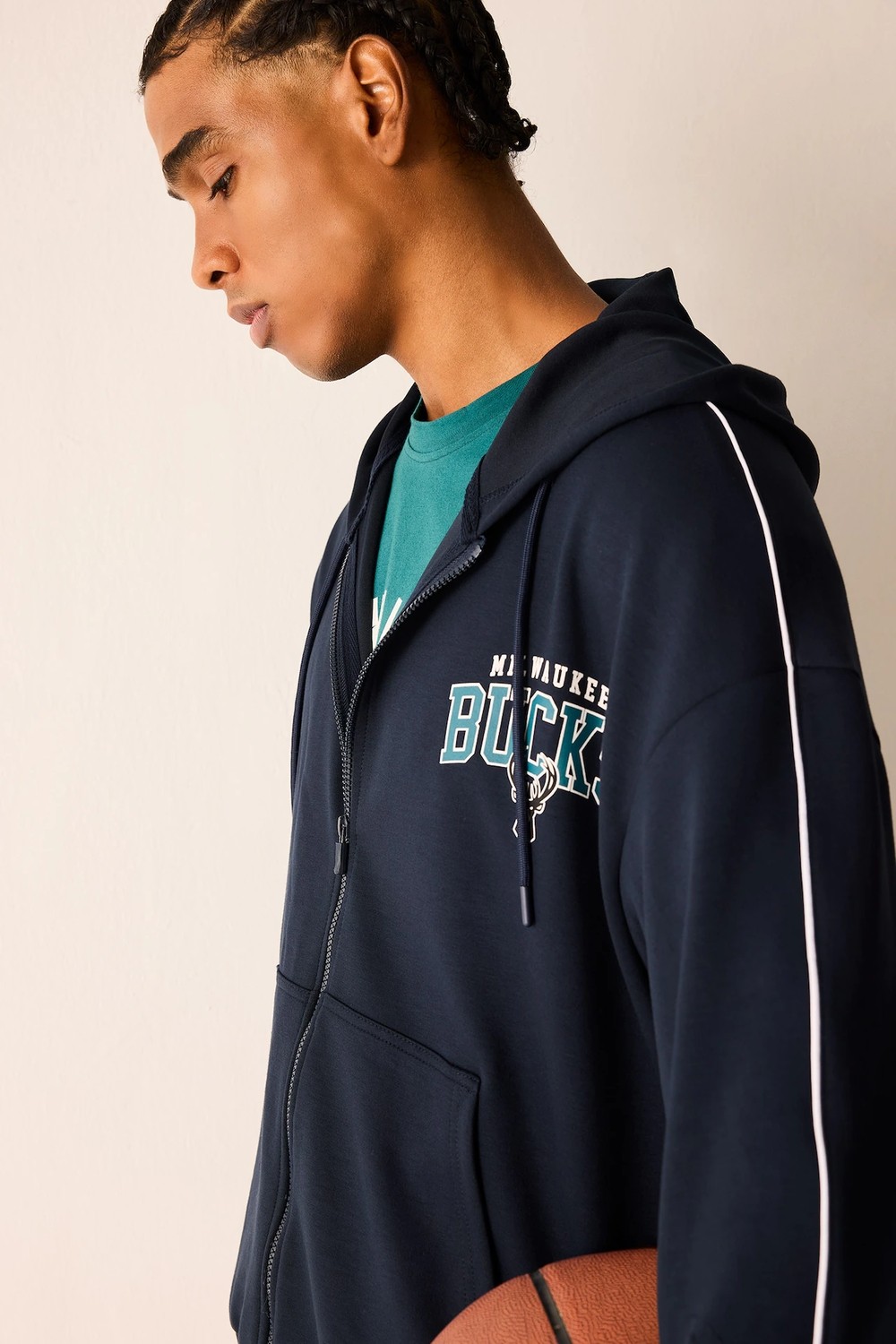 DeFacto NBA Milwaukee Bucks Oversize Kapüşonlu Cepli Fermuarlı Sweatshirt Hırka H7762AX26AU görsel 5