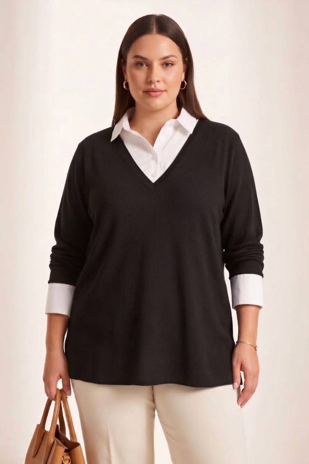 Rmg Gömlek Yaka Garnili Büyük Beden Bluz Lacivert