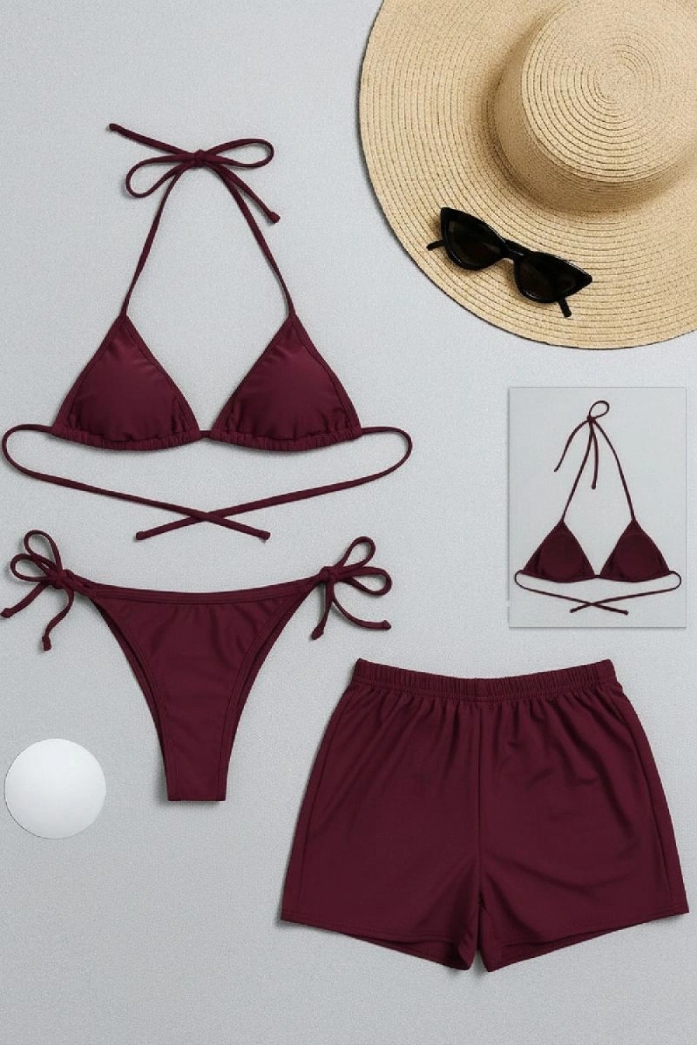 Marsilyan Kadın 3'lü Set Bordo Şortlu ve Yandan Bağlamalı Bikini Mayo Takımı