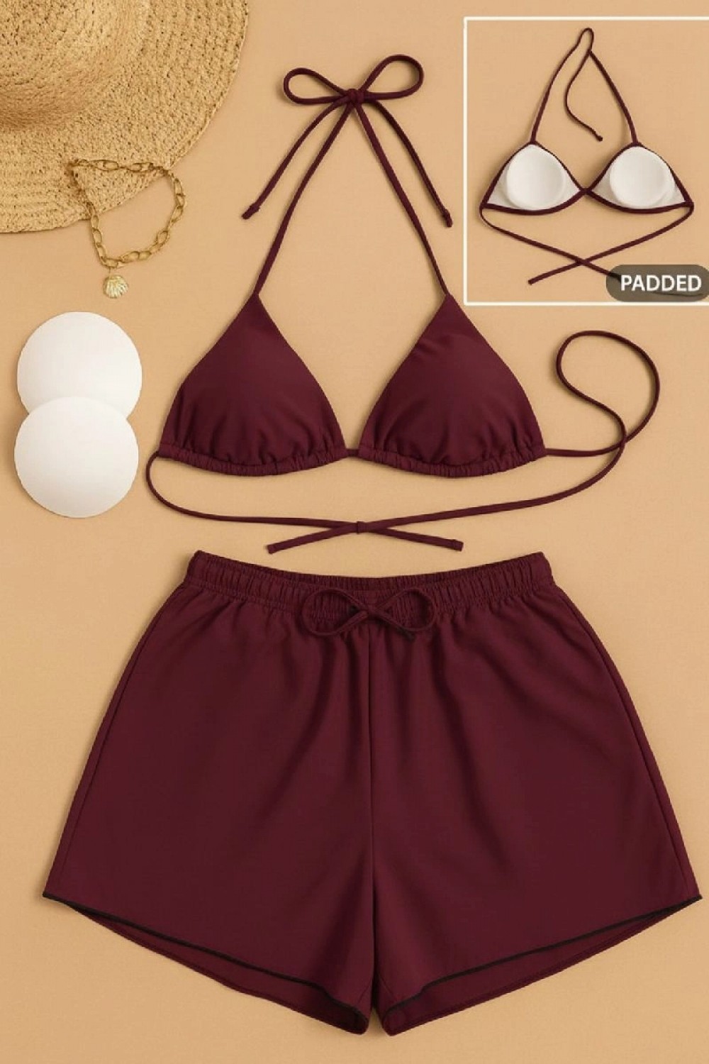 Marsilyan Kadın 3'lü Set Bordo Şortlu ve Yandan Bağlamalı Bikini Mayo Takımı görsel 2