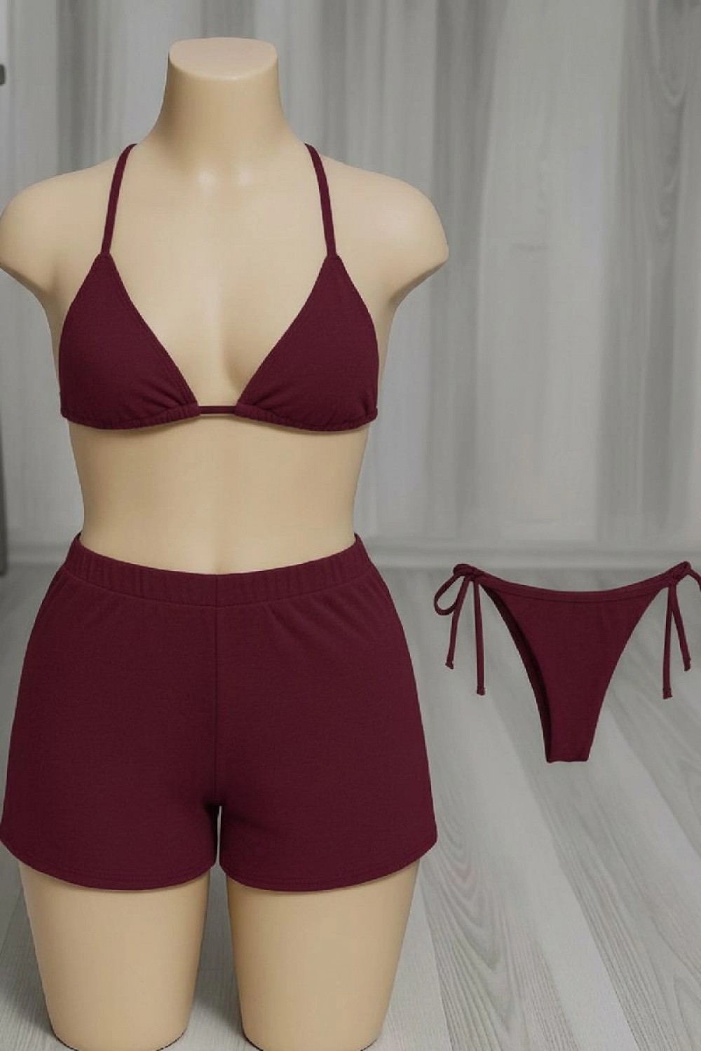 Marsilyan Kadın 3'lü Set Bordo Şortlu ve Yandan Bağlamalı Bikini Mayo Takımı görsel 3