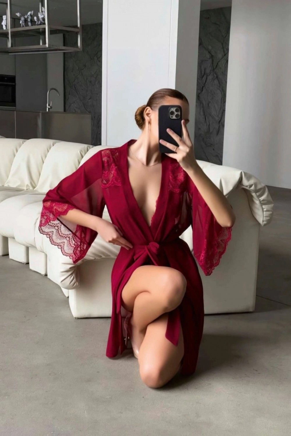 Marsilyan Şık Tasarım Bordo Dantel Işlemeli Body Suit ve Tül Gecelik Takımı görsel 2