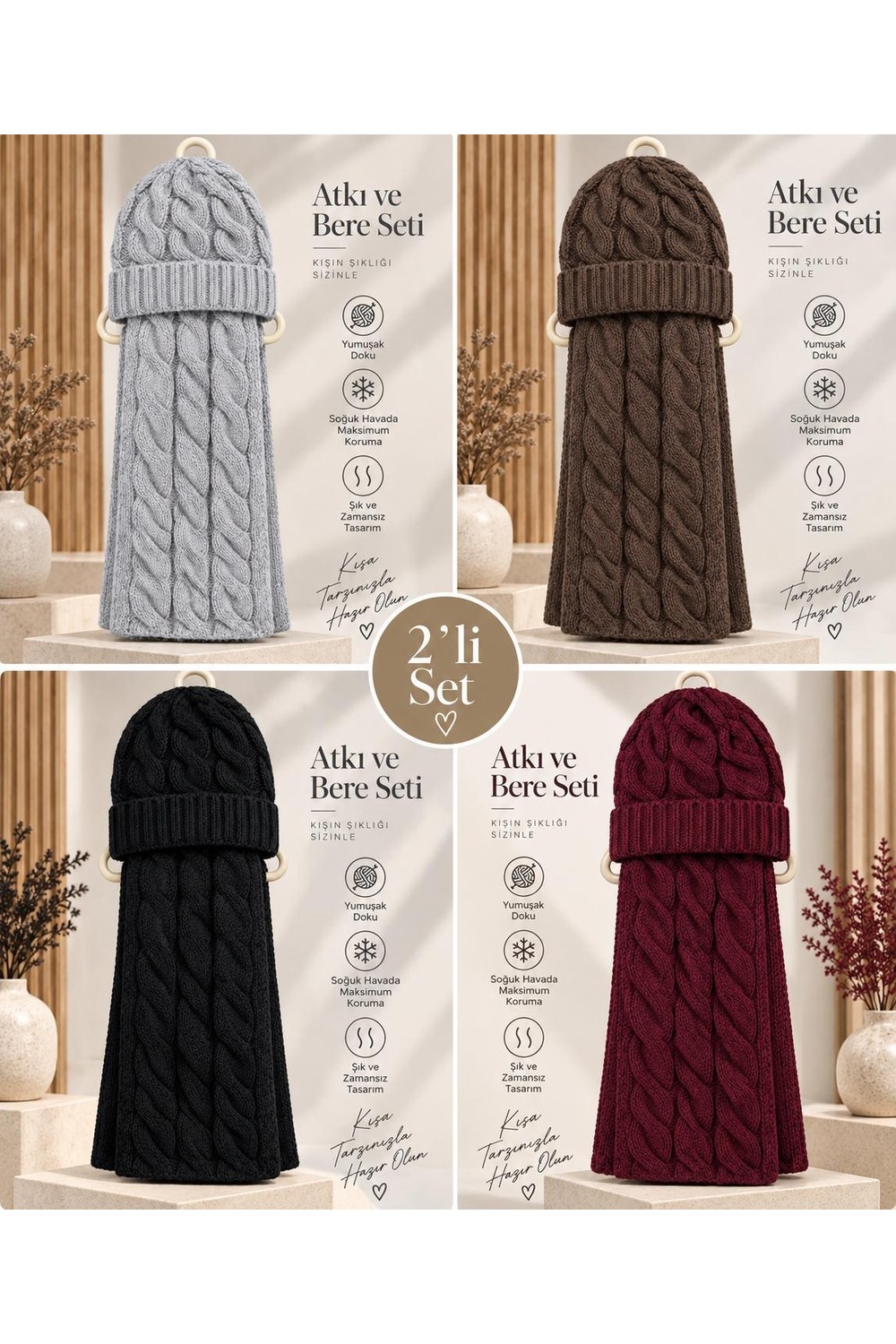 Wearflawless Kadın Yün 2'li Takım Kışlık Şık Örme Bere ve Atkı Takımı, Ikili Atkı ve Bere Seti, Kadınlar Için Hediye görsel 7