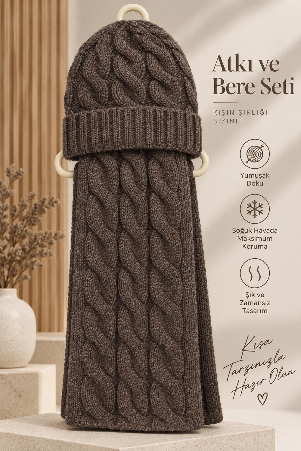 Wearflawless Erkek Yün Atkı Bere Seti, 2'li Kışlık Yün Saç Örgü Desenli Bere ve Atkı Takımı, Erkek Için Hediye görsel 3