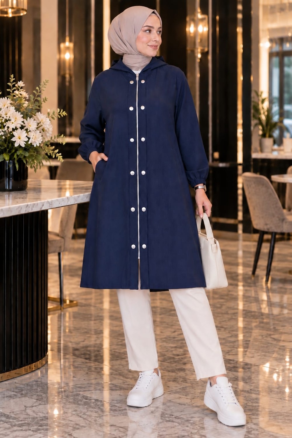 Esra Butik 🤎💙 Kaliteli Tensel Kumaş Kapüşonlu Giy-Çık Kap, Lacivert & Kahverengi görsel 5