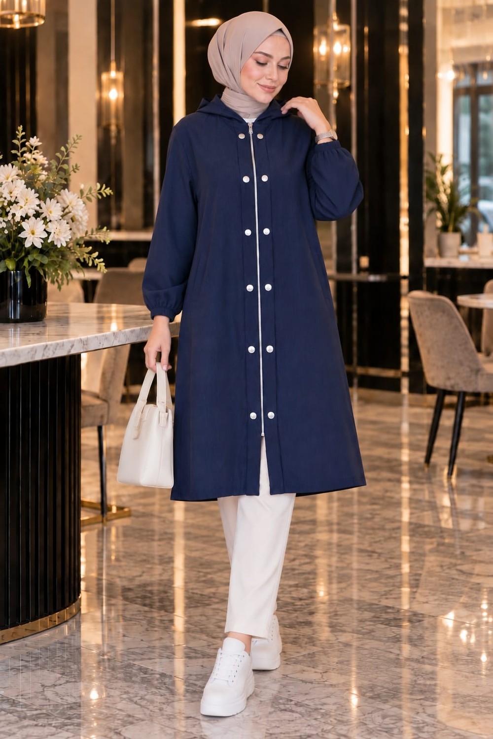 Esra Butik 🤎💙 Kaliteli Tensel Kumaş Kapüşonlu Giy-Çık Kap, Lacivert & Kahverengi görsel 6