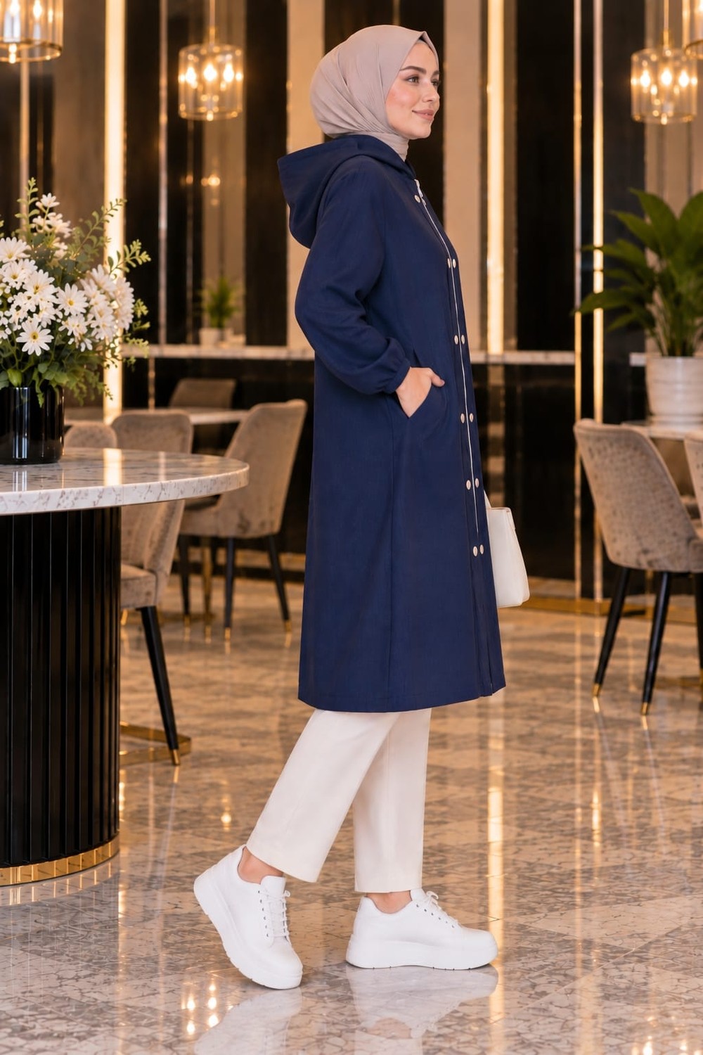 Esra Butik 🤎💙 Kaliteli Tensel Kumaş Kapüşonlu Giy-Çık Kap, Lacivert & Kahverengi görsel 7