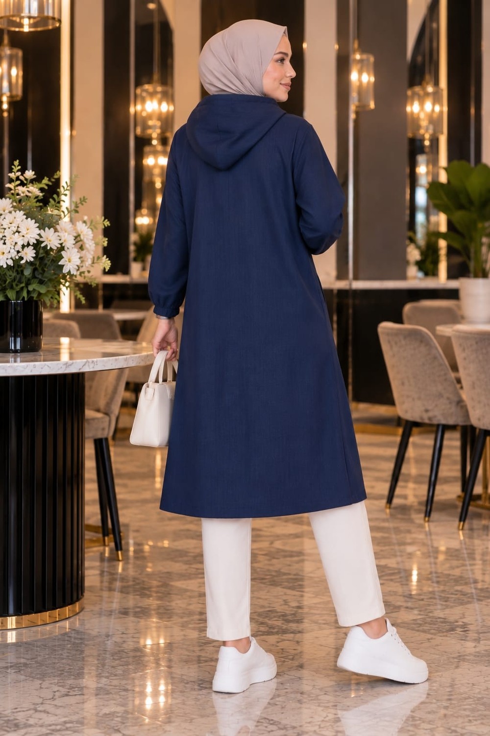 Esra Butik 🤎💙 Kaliteli Tensel Kumaş Kapüşonlu Giy-Çık Kap, Lacivert & Kahverengi görsel 8