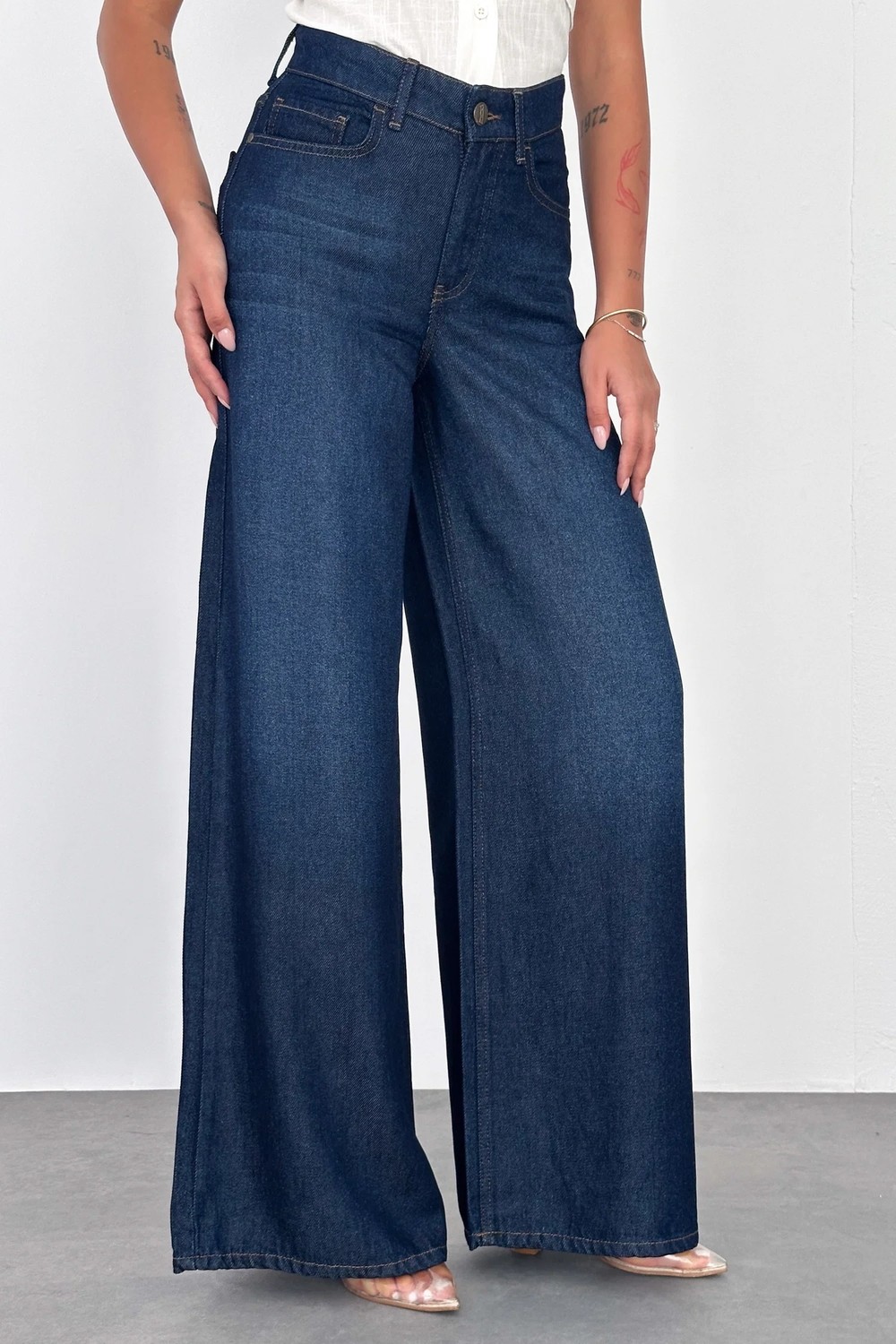Hlt Jeans Koyu Mavi Kadın Extra Wide Leg Jean %100 Tencel Dökümlü Yüksek Bel Palazzo Kot Pantolon ANGEL-2054