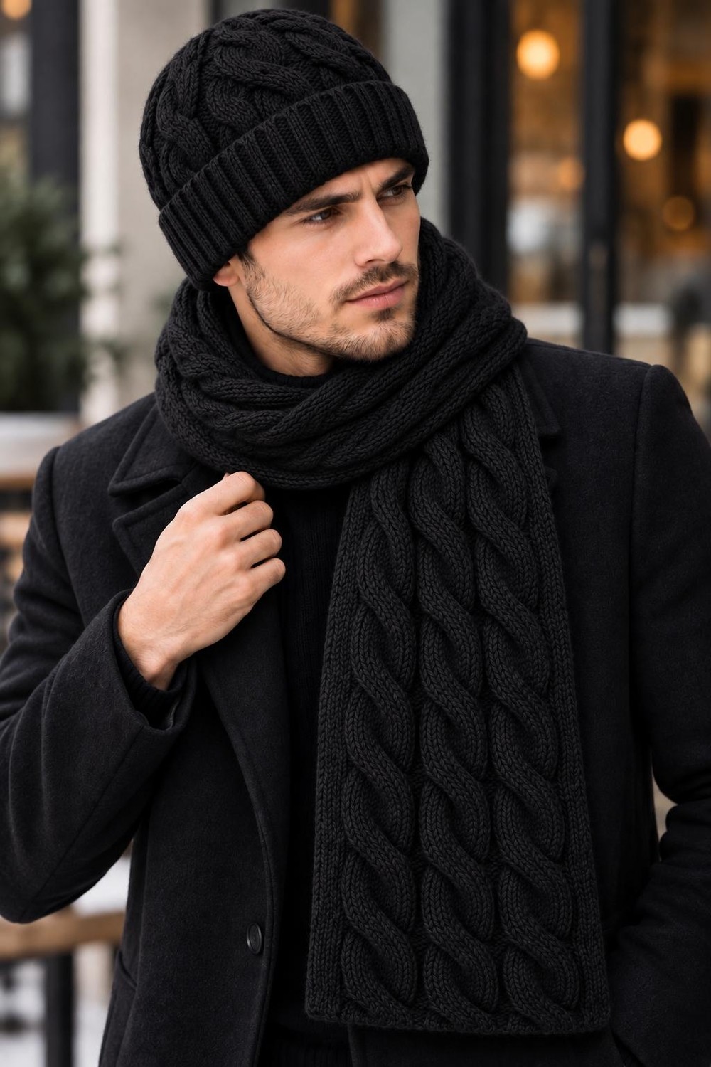 Wearflawless Erkek Yün Atkı Bere Seti, 2'li Kışlık Yün Saç Örgü Desenli Bere ve Atkı Takımı, Erkek Için Hediye