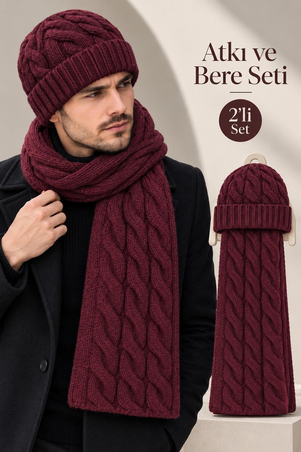 Wearflawless Erkek Yün Atkı Bere Seti, 2'li Kışlık Yün Saç Örgü Desenli Bere ve Atkı Takımı, Erkek Için Hediye