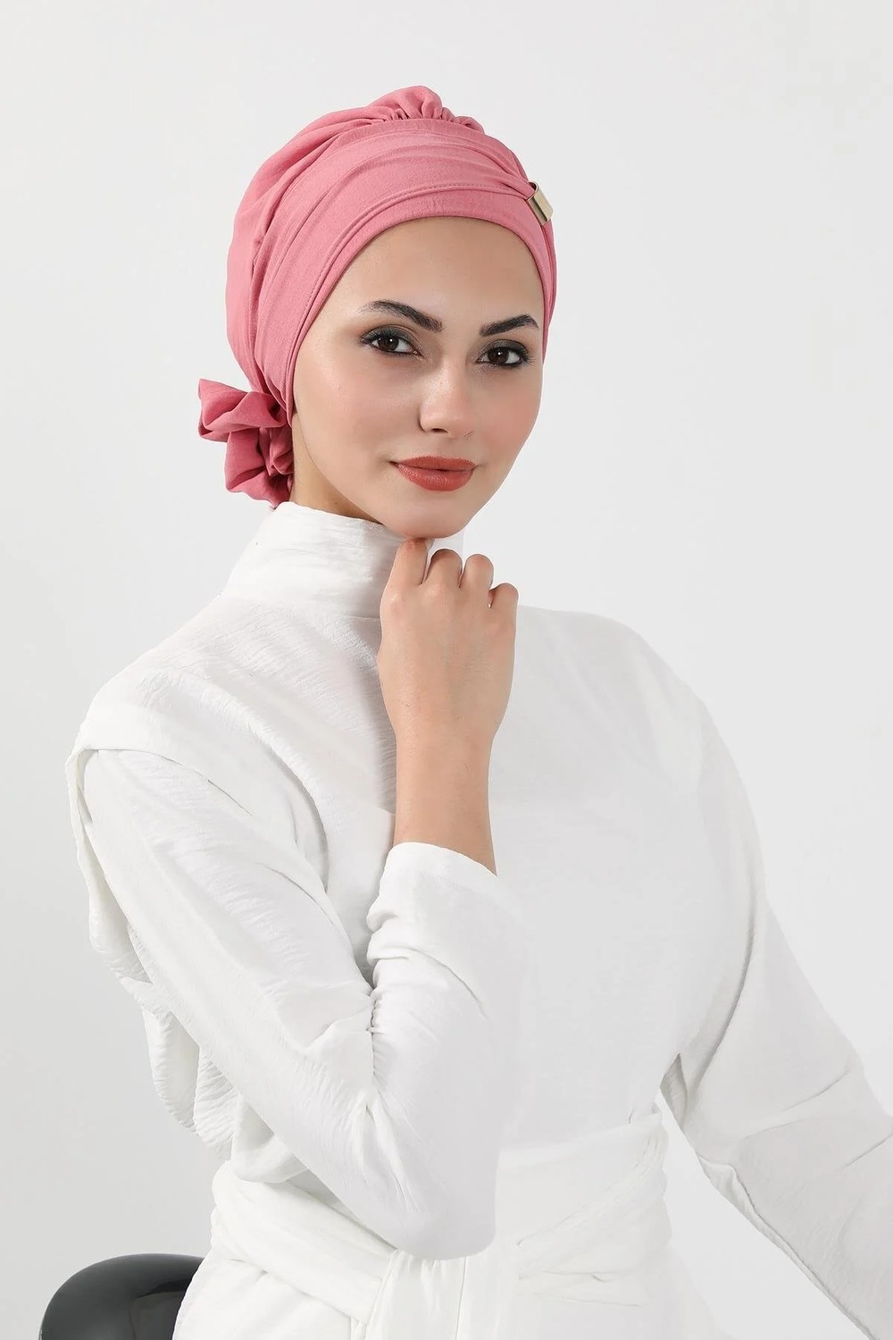 Ayşe Tasarım Aksesuarlı Hazır Türban,Koyu Pembe,HT-95 görsel 7