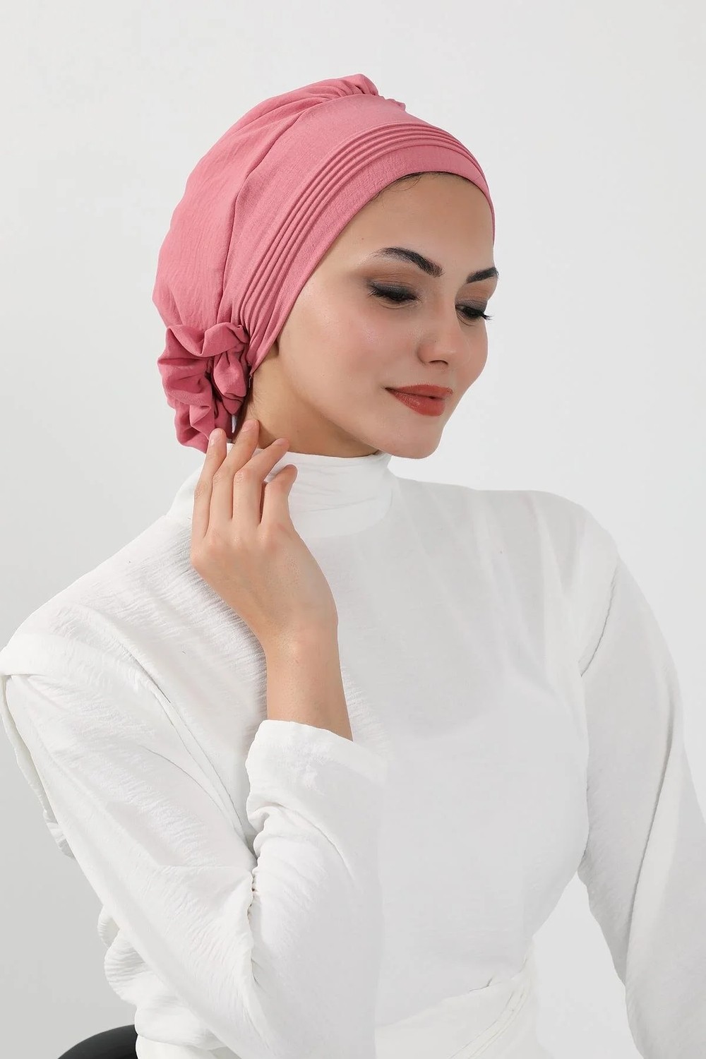 Ayşe Tasarım Dikişli Pileli Hazır Türban,Koyu Pembe,HT-31A görsel 6