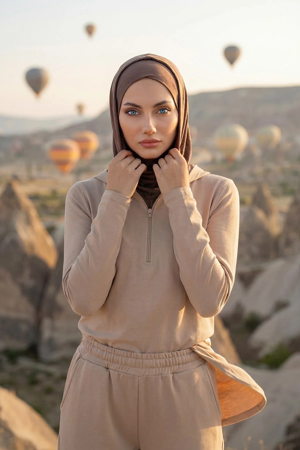 Aisha's Design Kapşon ve Kapatıcı Özellikli Penye Kadın Hazır Bone,B-89P,Pudra görsel 4