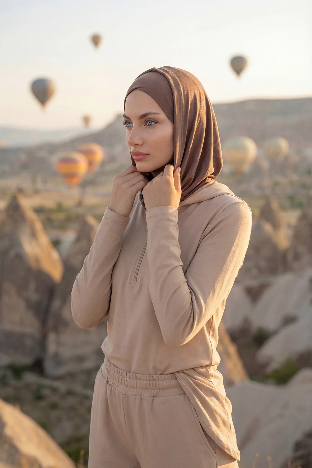 Aisha's Design Kapşon ve Kapatıcı Özellikli Penye Kadın Hazır Bone,B-89P,Pudra görsel 2