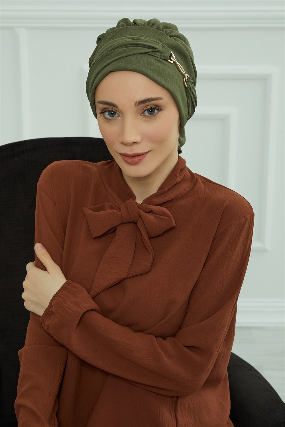 Aisha's Design Aksesuarlı Hazır Türban,Haki Yeşili,HT-93 görsel 2