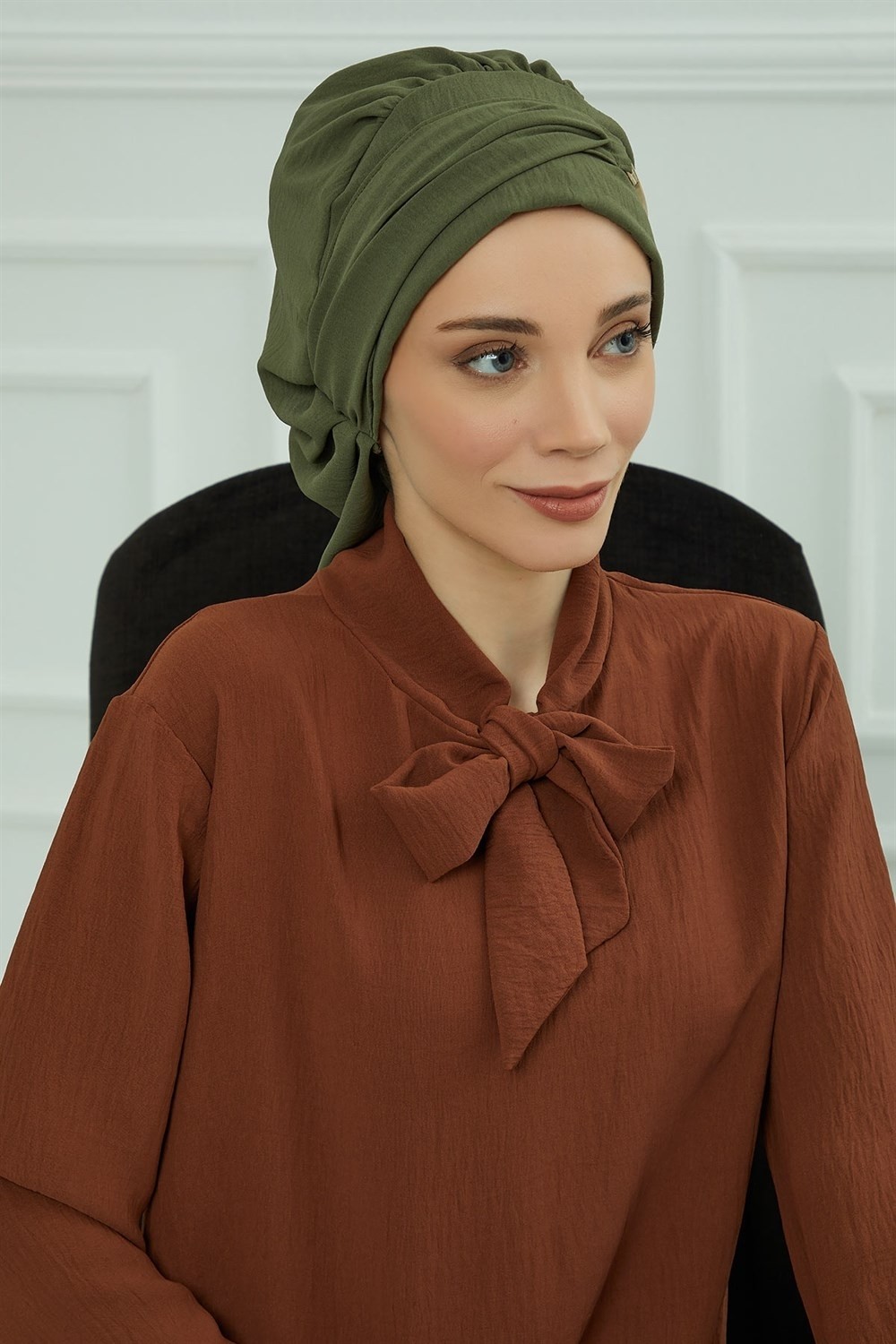 Aisha's Design Aksesuarlı Hazır Türban,Haki Yeşili,HT-93 görsel 3