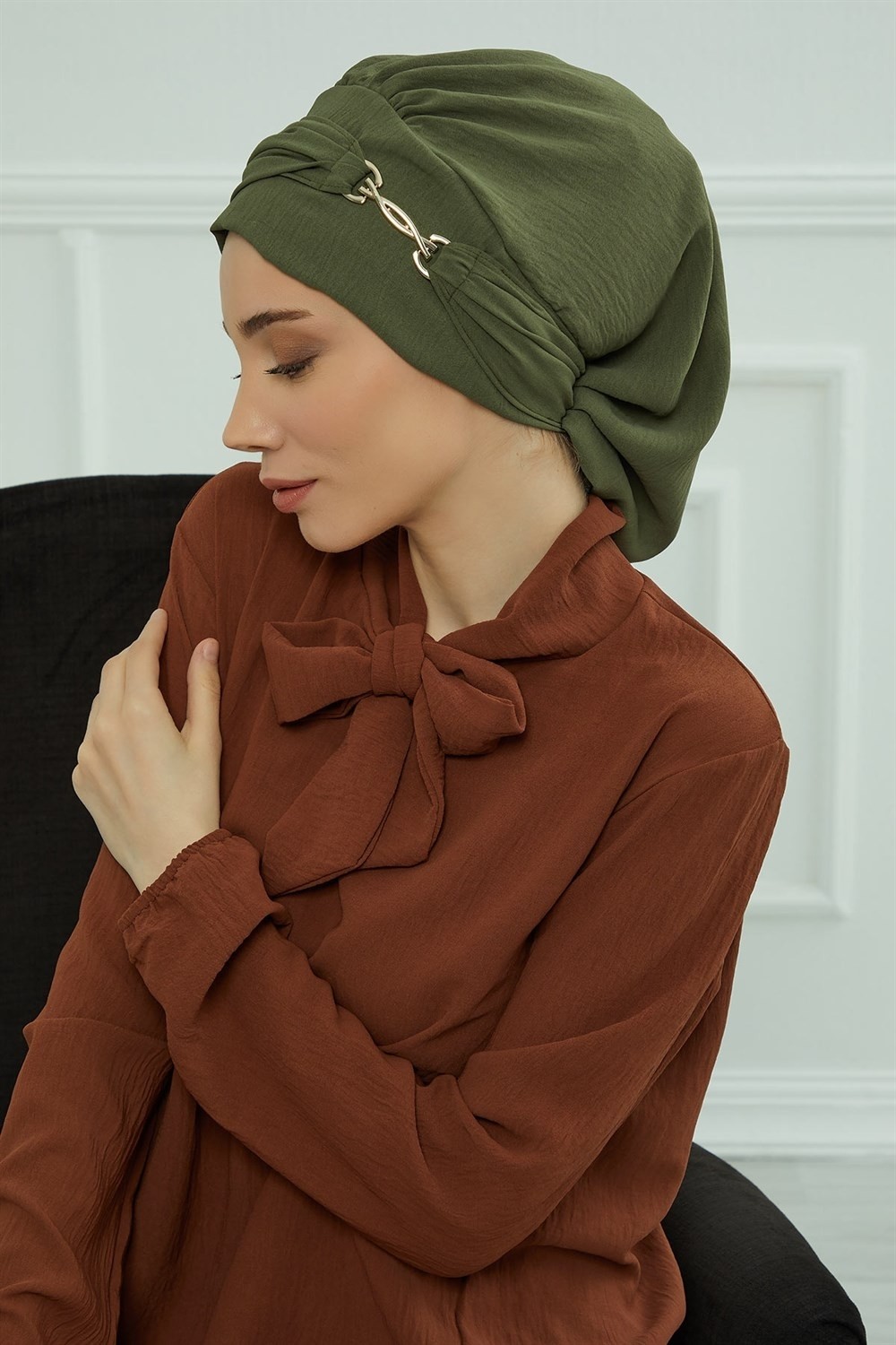 Aisha's Design Aksesuarlı Hazır Türban,Haki Yeşili,HT-93 görsel 4