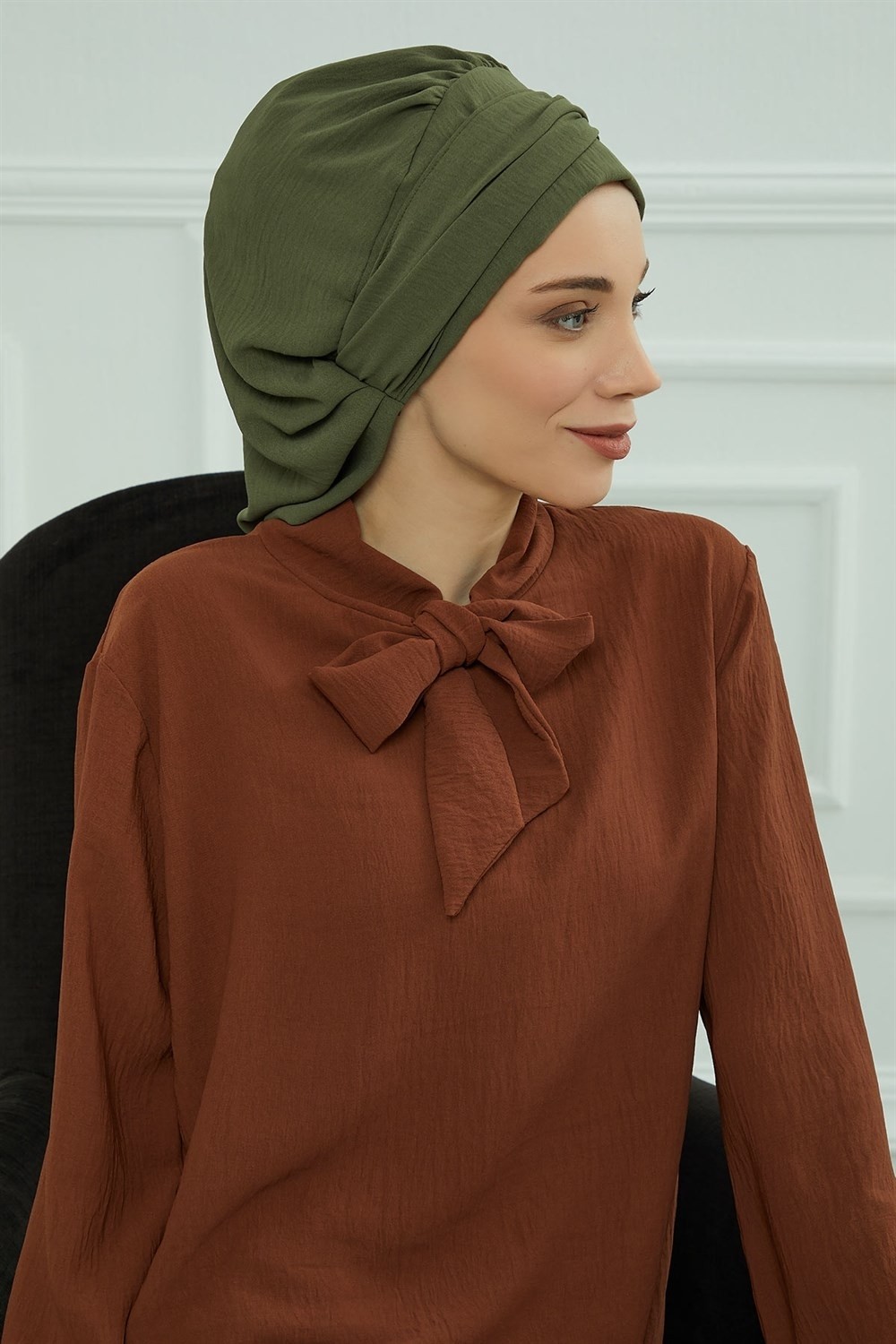 Aisha's Design Aksesuarlı Hazır Türban,Haki Yeşili,HT-93 görsel 5
