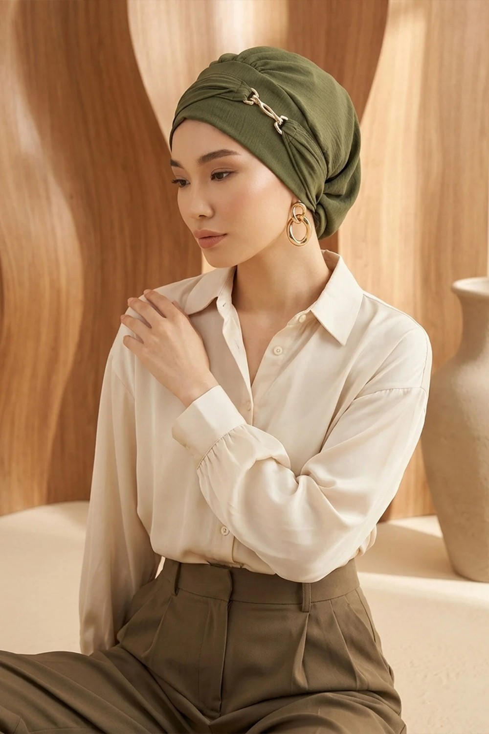 Aisha's Design Aksesuarlı Hazır Türban,Haki Yeşili,HT-93