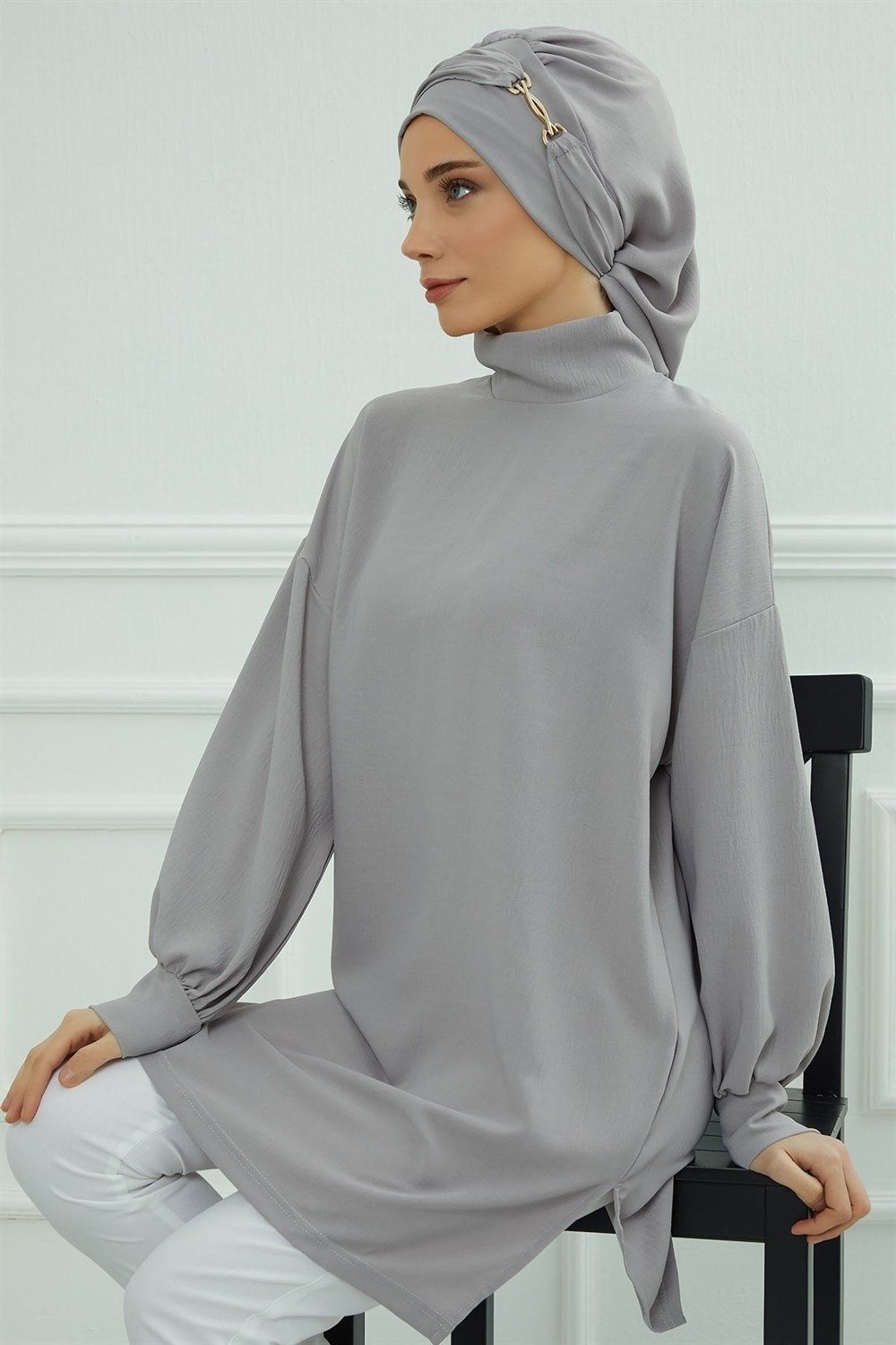 Aisha's Design Aksesuarlı Hazır Türban,Gri,HT-93 görsel 3