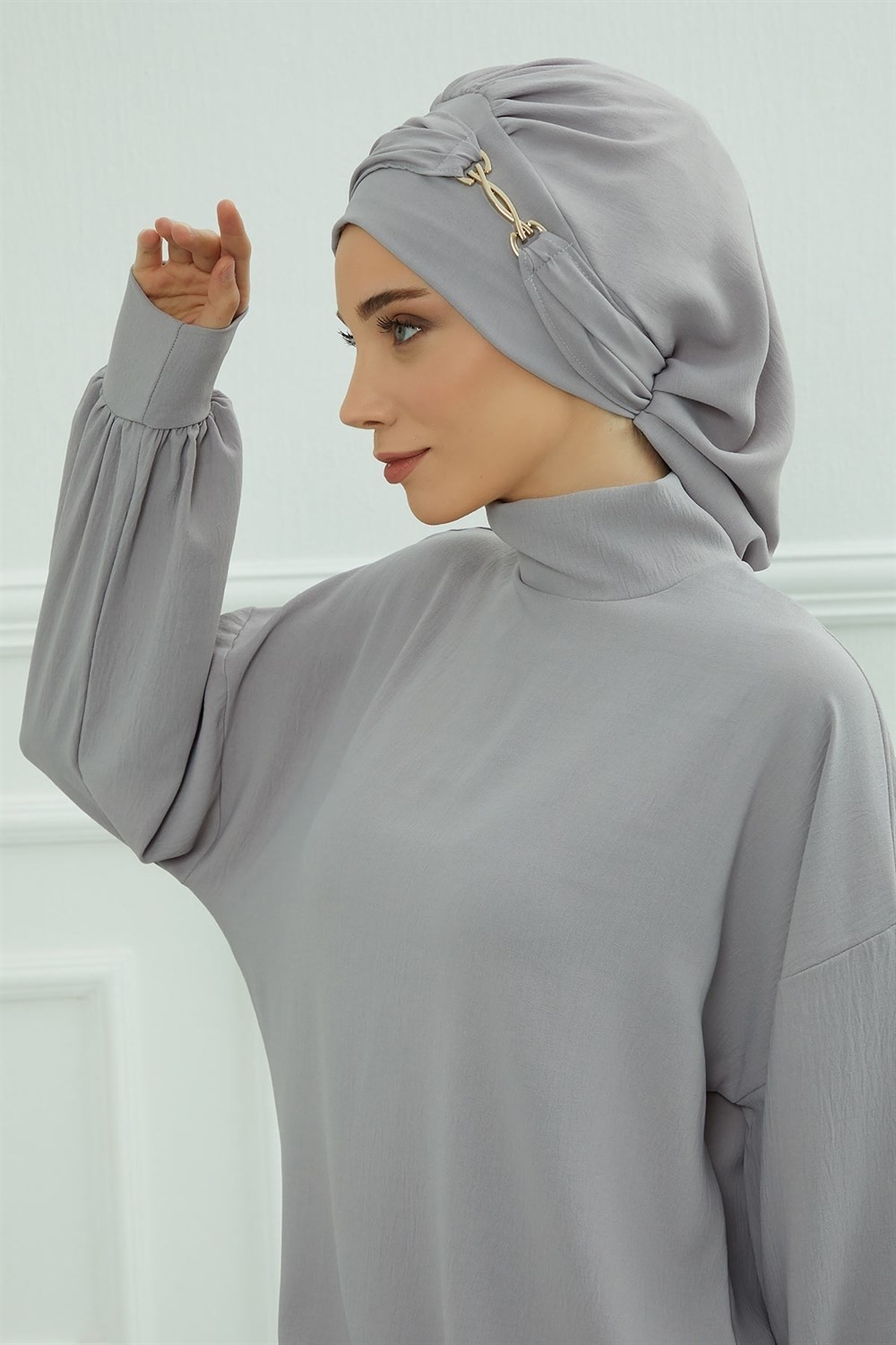Aisha's Design Aksesuarlı Hazır Türban,Gri,HT-93 görsel 6