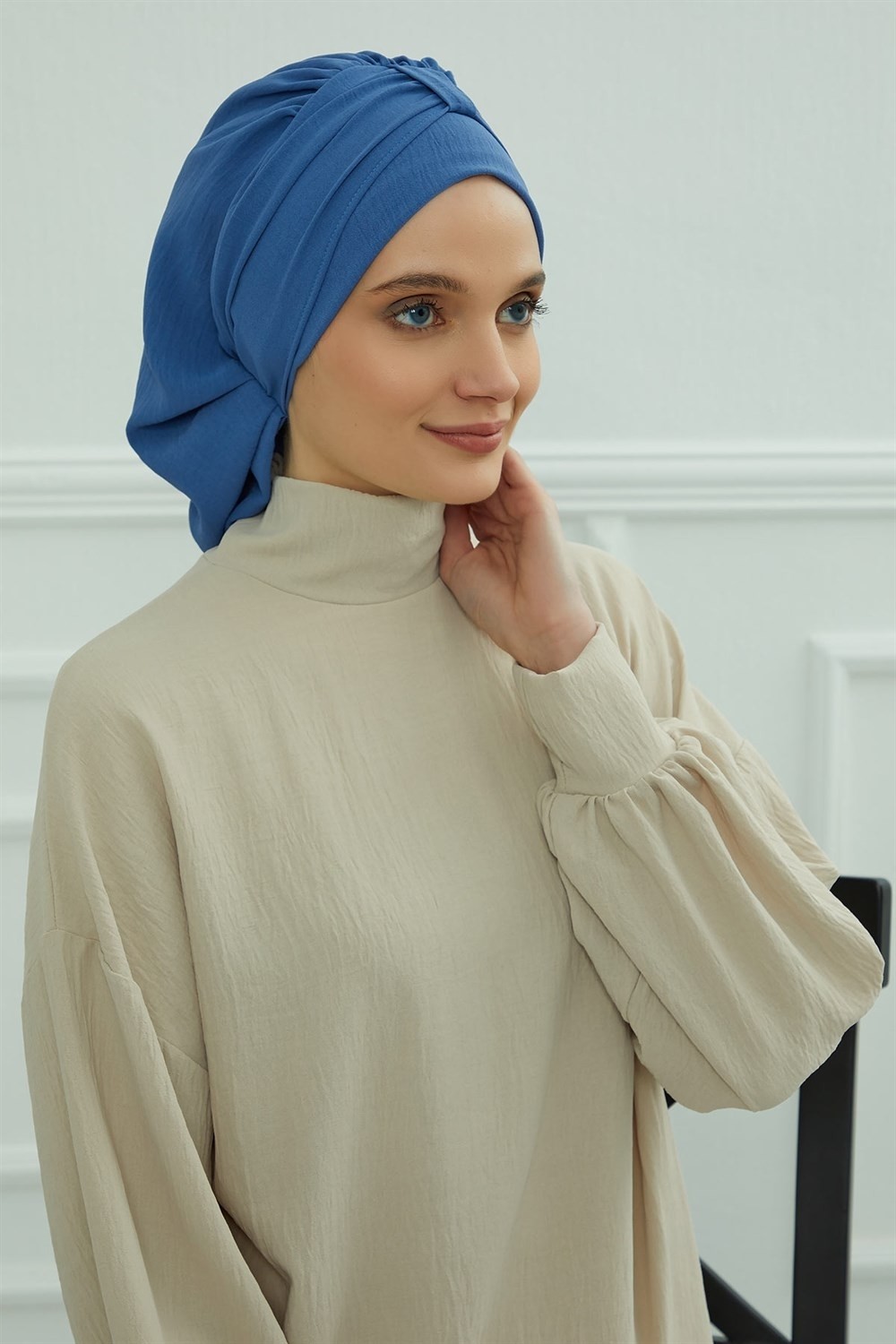 Aisha's Design Pratik Kullanışlı Hazır Türban,Mavi,HT-90 görsel 5