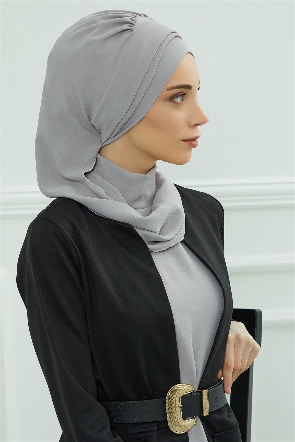 Aisha's Design Dekolte Kapatabilen Gold Aksesuarlı Hazır Türban,Gri,HT-11A görsel 3