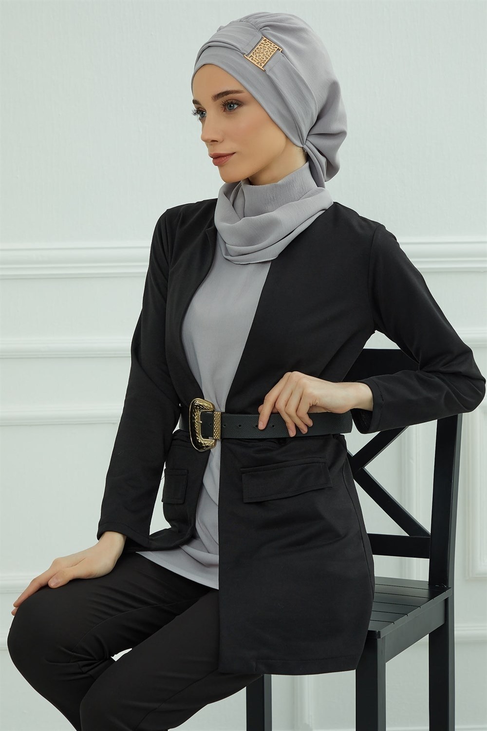 Aisha's Design Dekolte Kapatabilen Gold Aksesuarlı Hazır Türban,Gri,HT-11A görsel 4