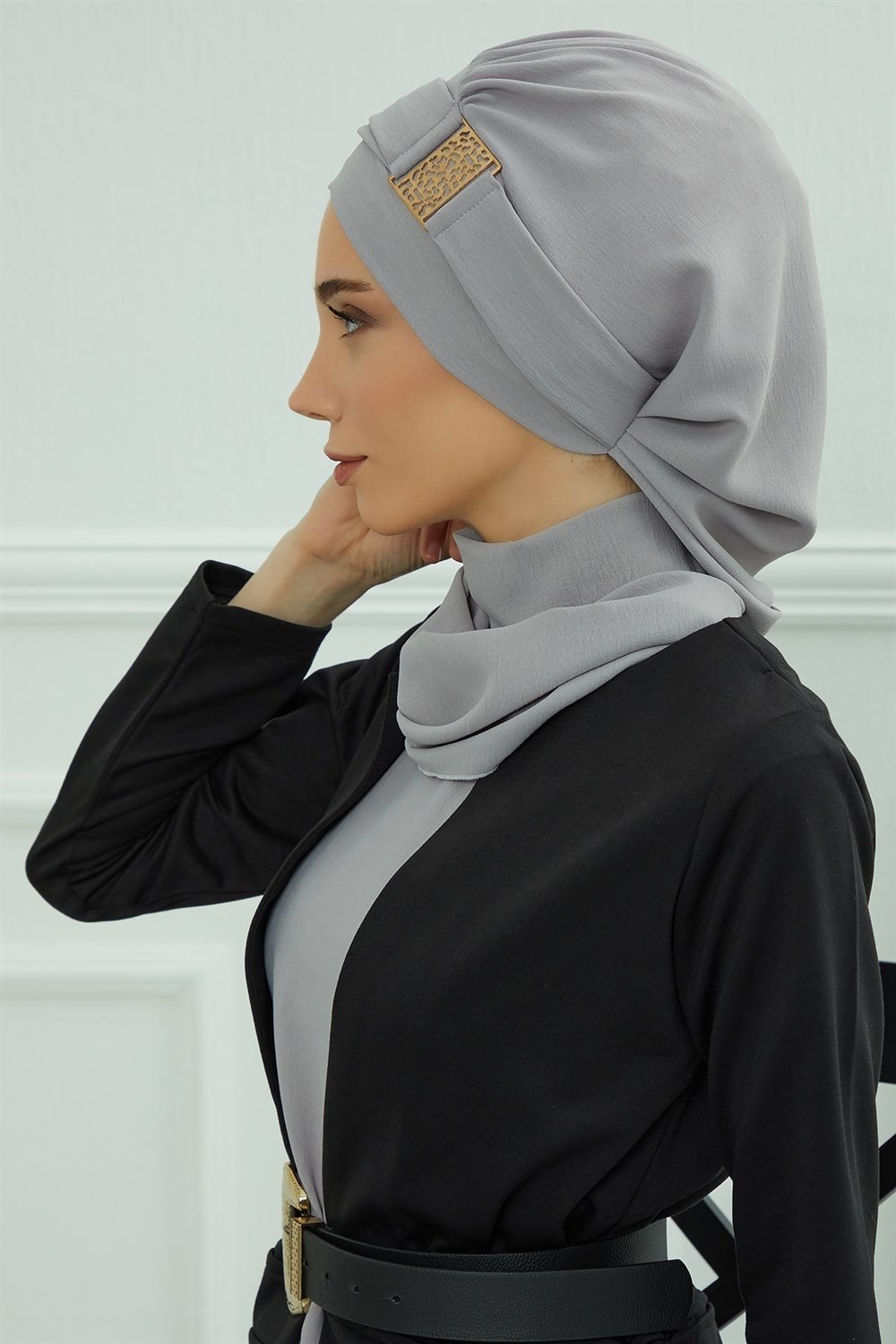 Aisha's Design Dekolte Kapatabilen Gold Aksesuarlı Hazır Türban,Gri,HT-11A görsel 5